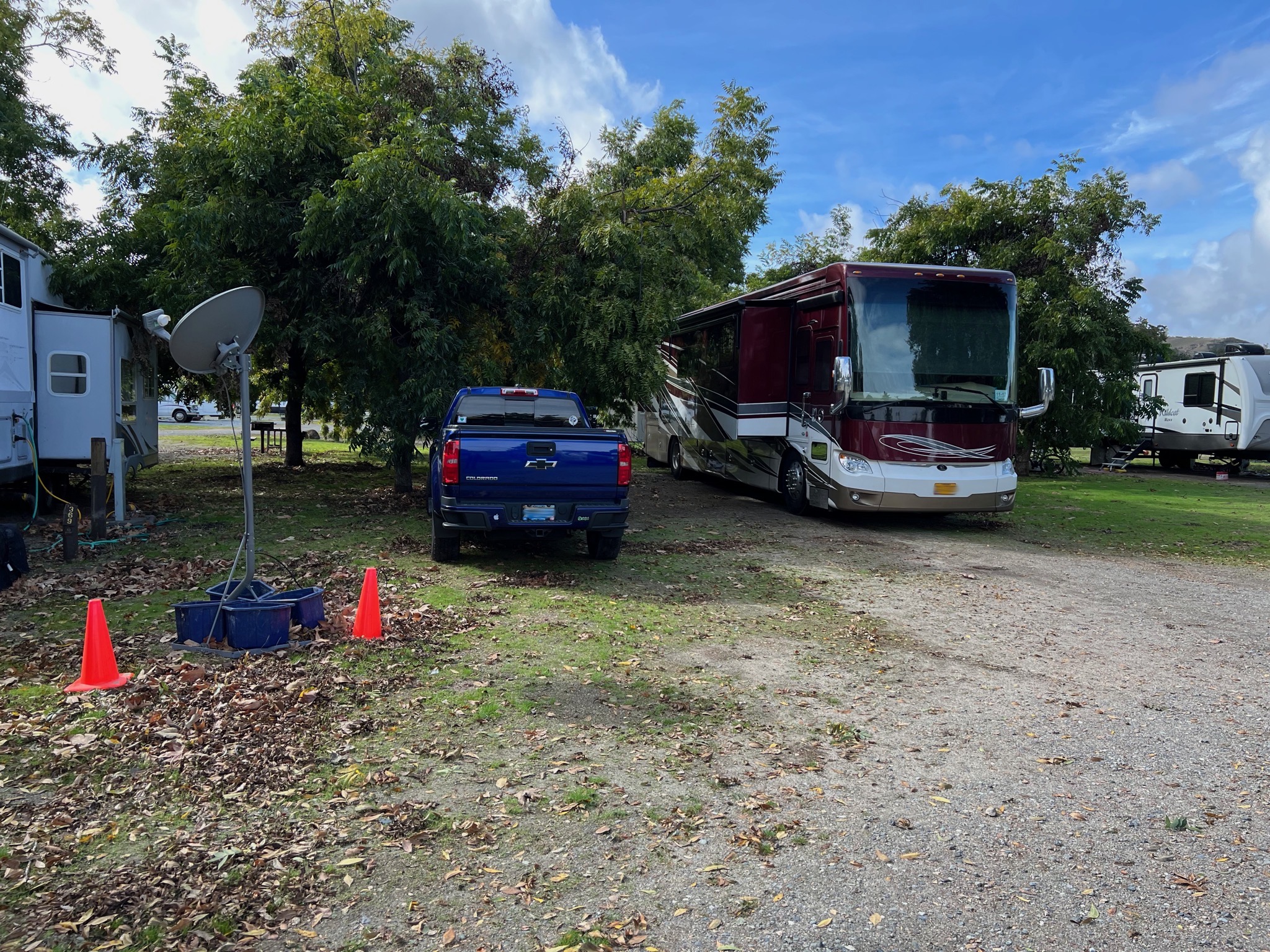 Truck and coach in new campsite