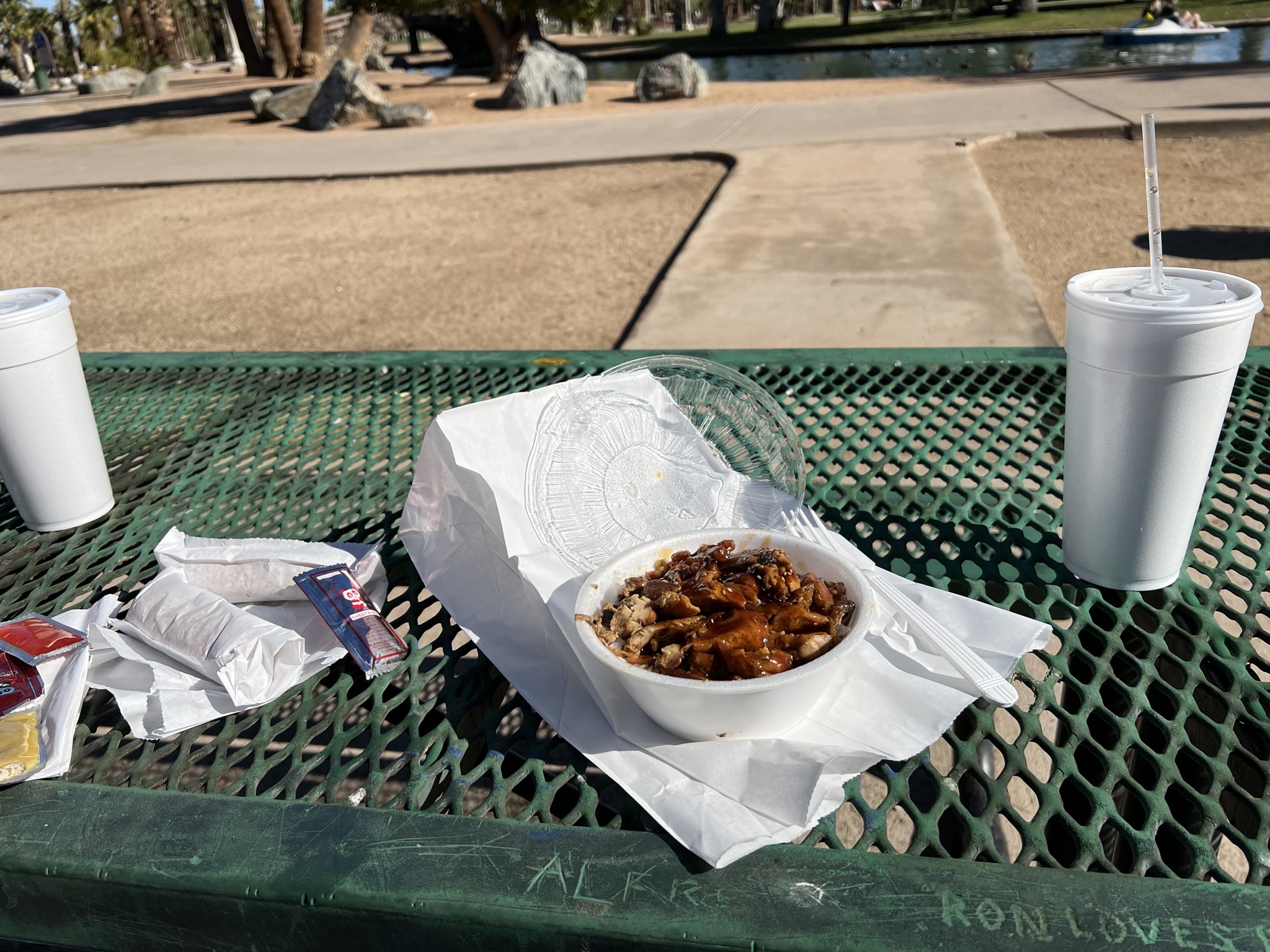 Teriyaki bowl and spring roll for lunch