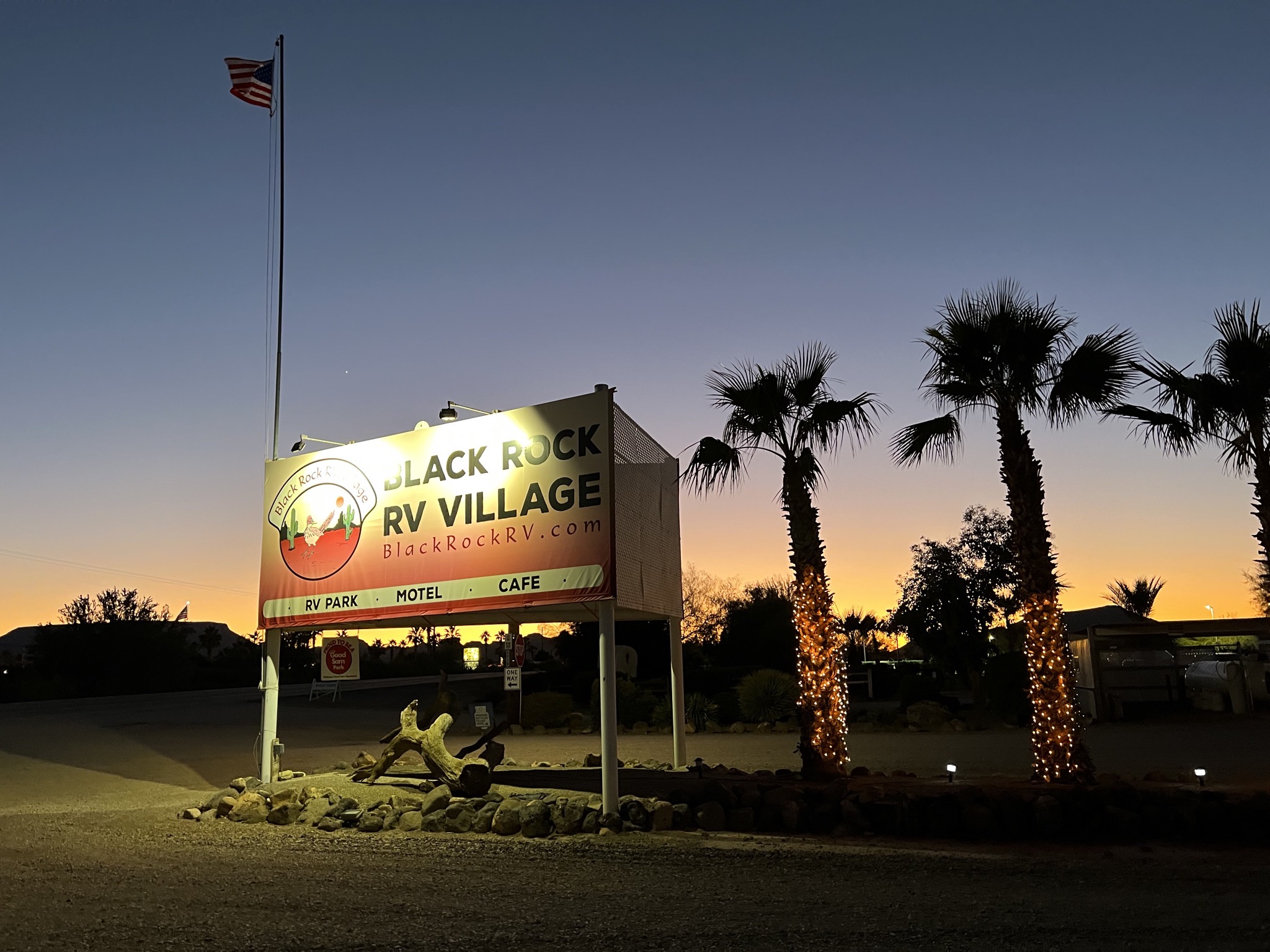 Entrance sign at sunset