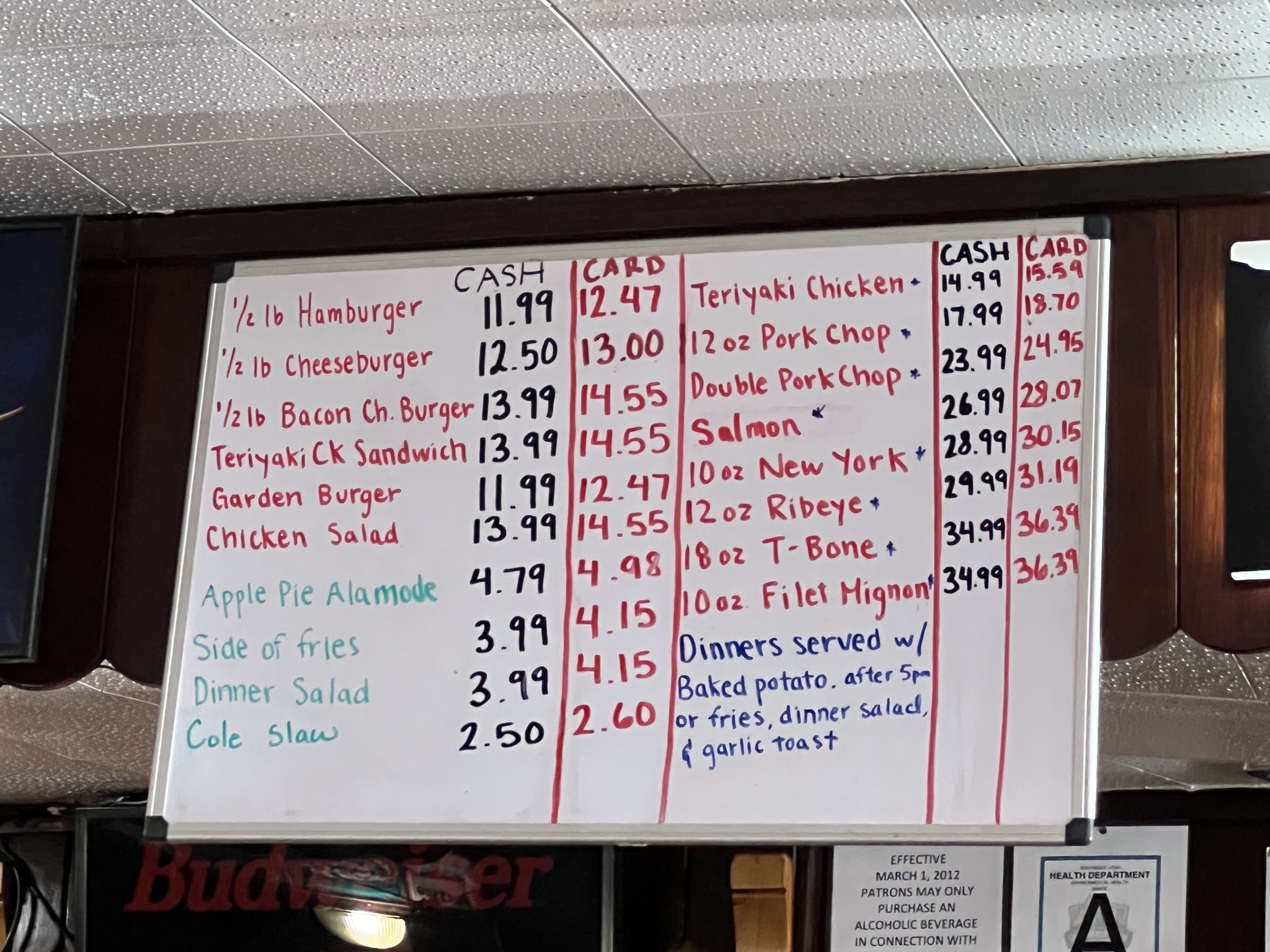 Ray's Tavern menu