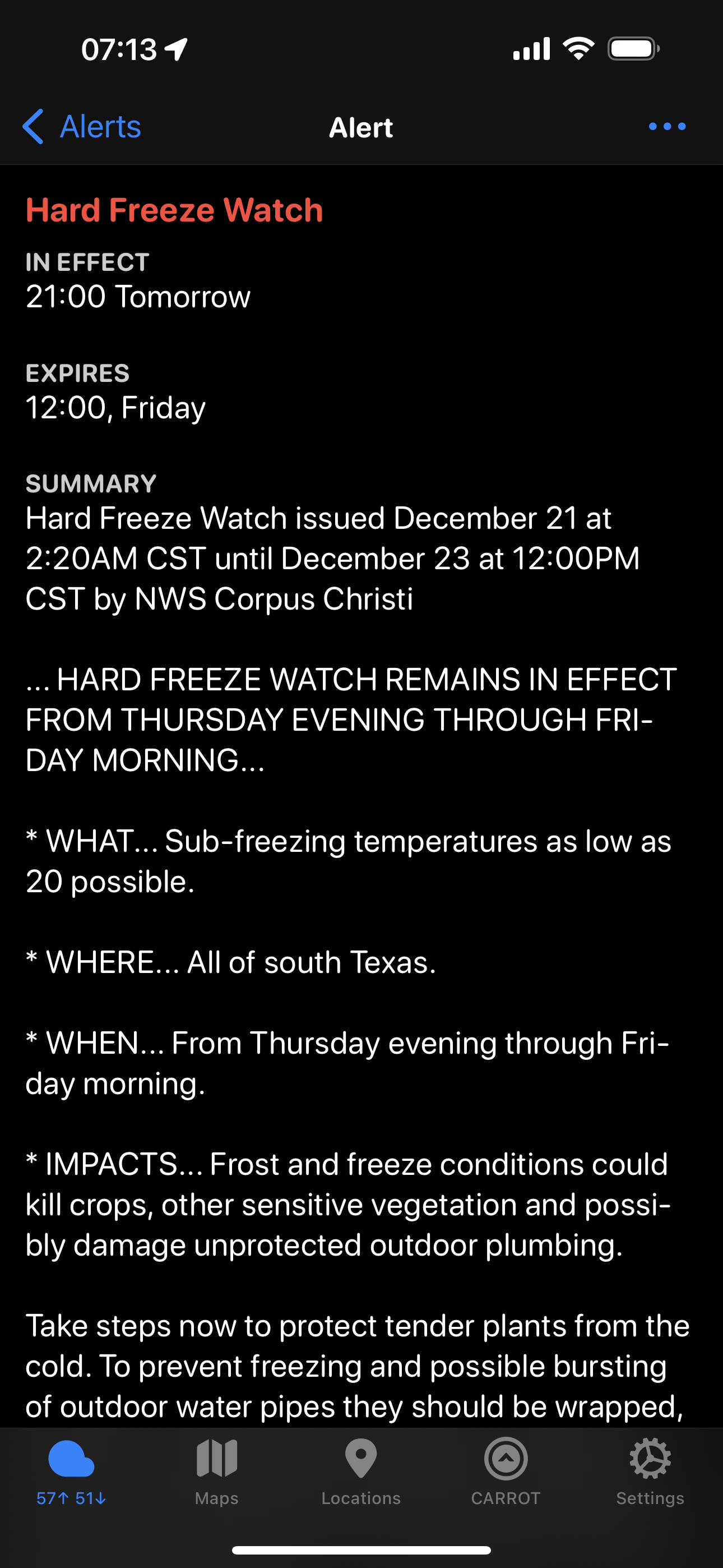 Hard freeze weather alert