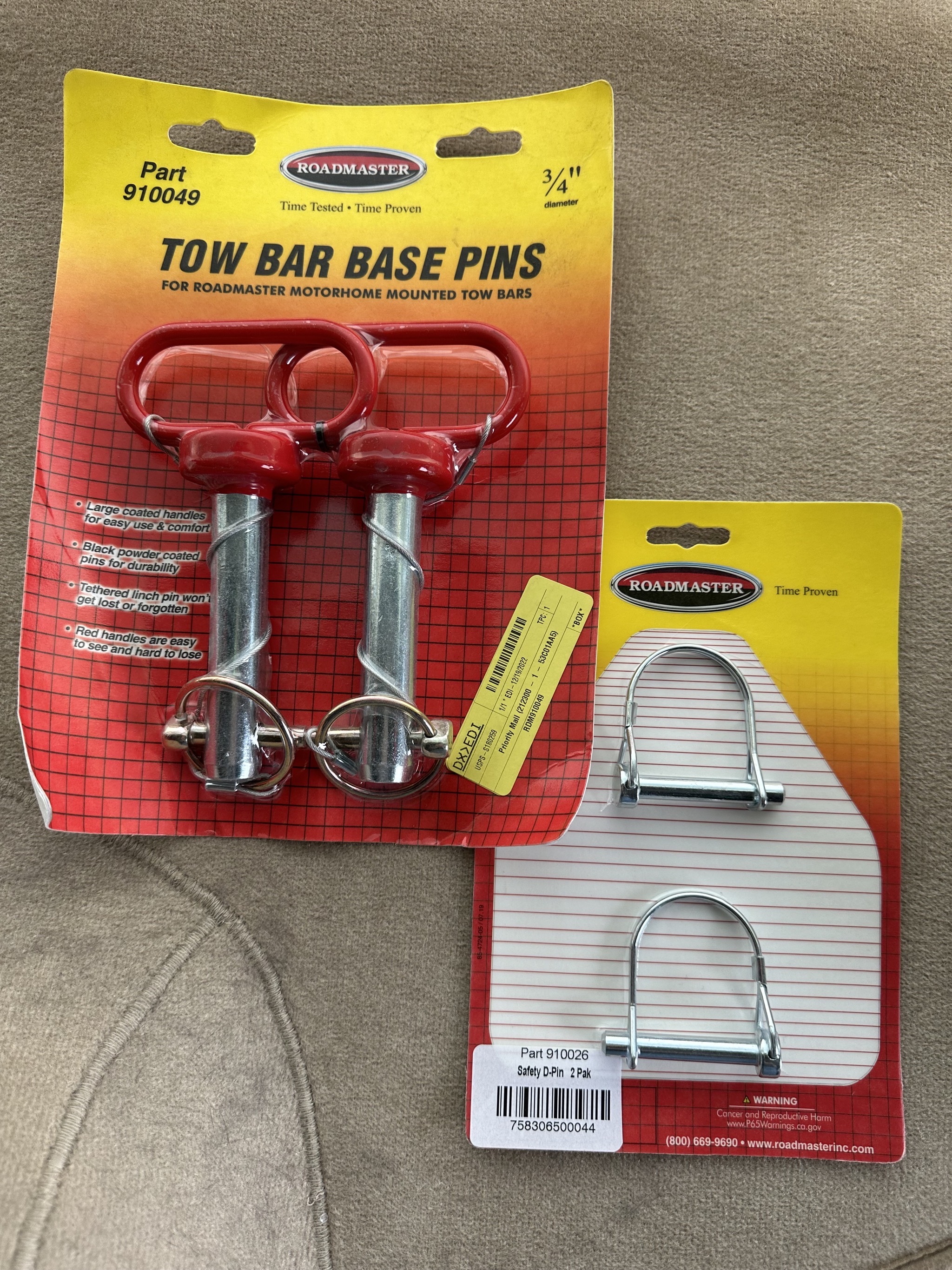 Tow bar pins and brake controller pins