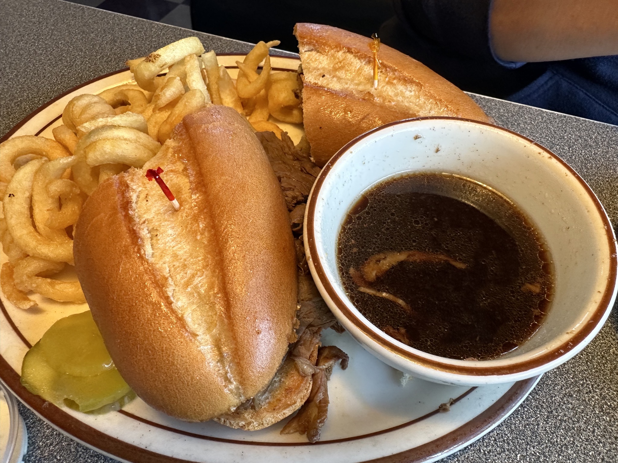 Jenn's French dip and curly fries