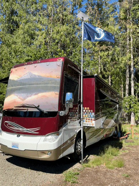 Flagpole with Starlink dish and Mariners flag