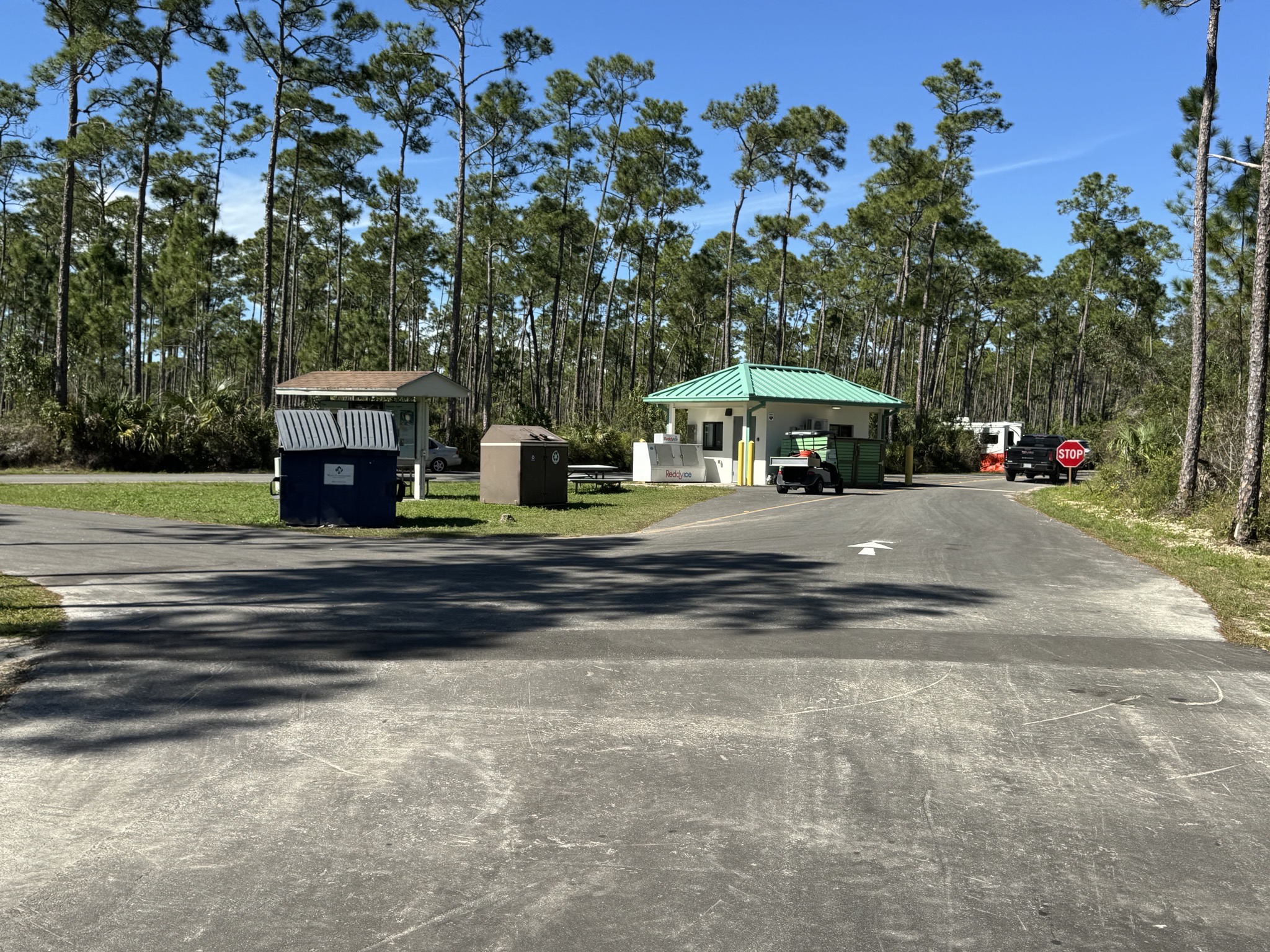 Entrance and dumpsters