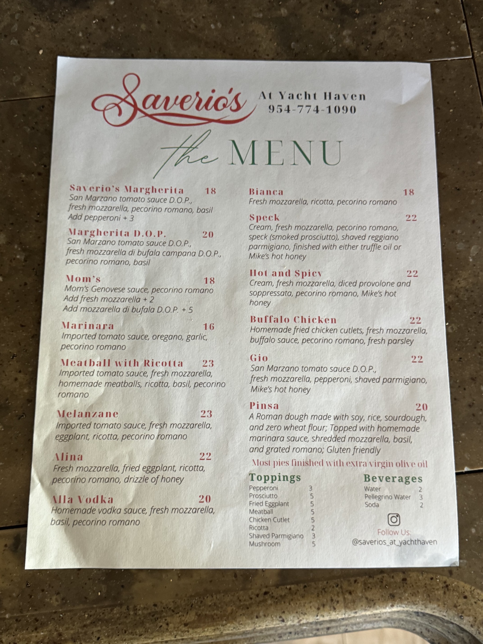 Pizza menu