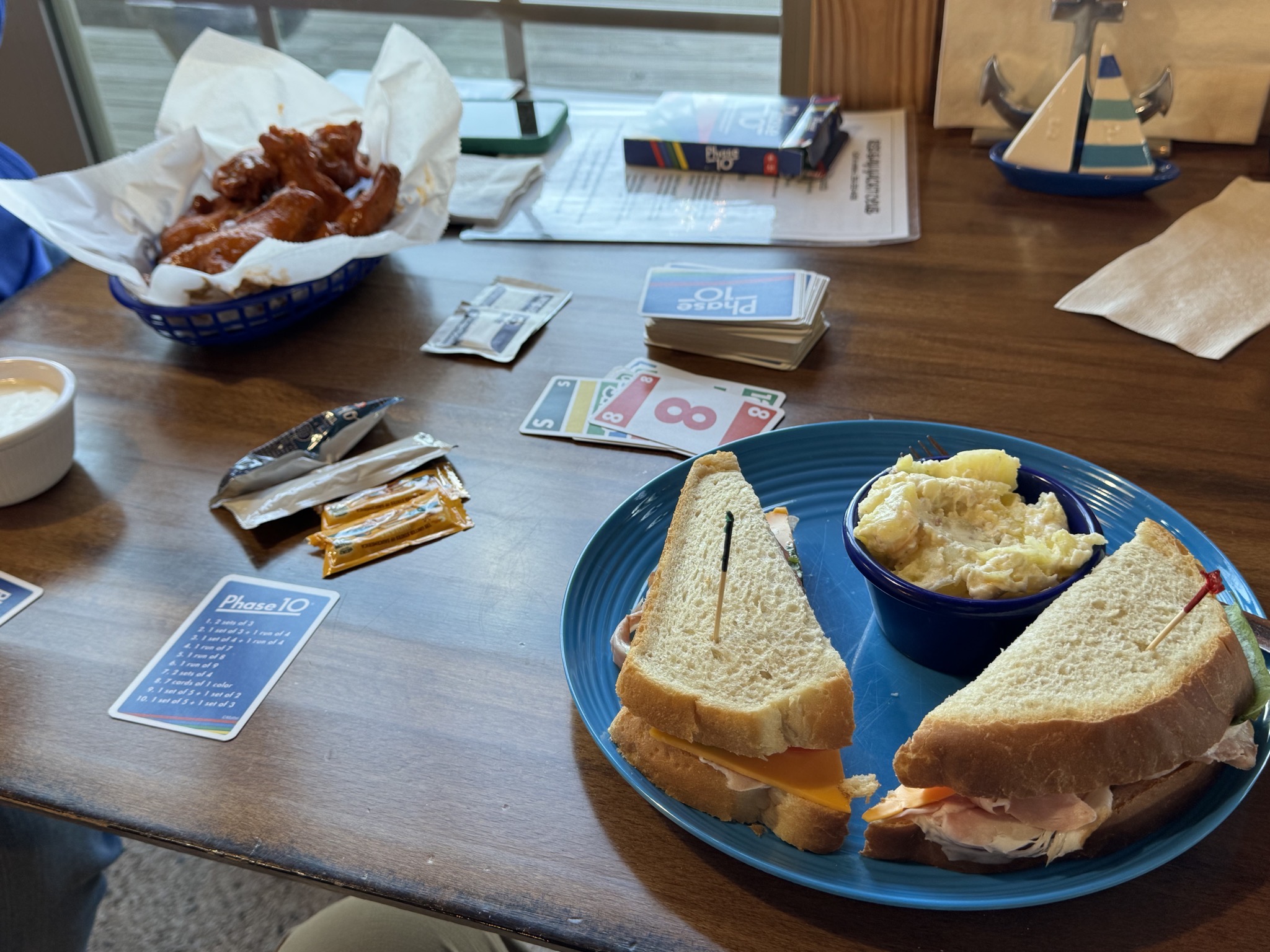 Chicken wings and sandwich