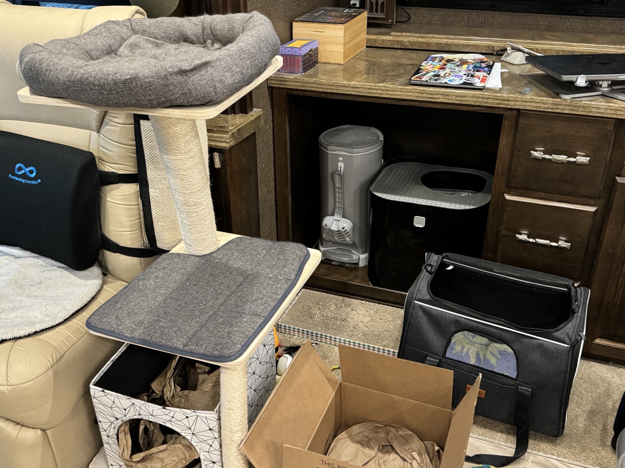 Cat tower, litter, boxes