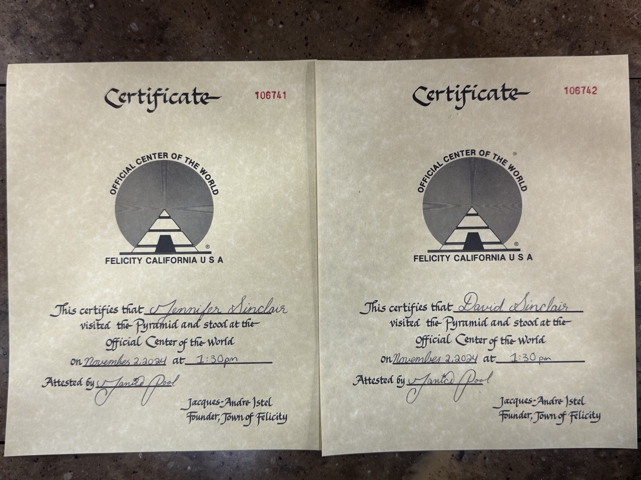 Certificates for visiting the Center of the World