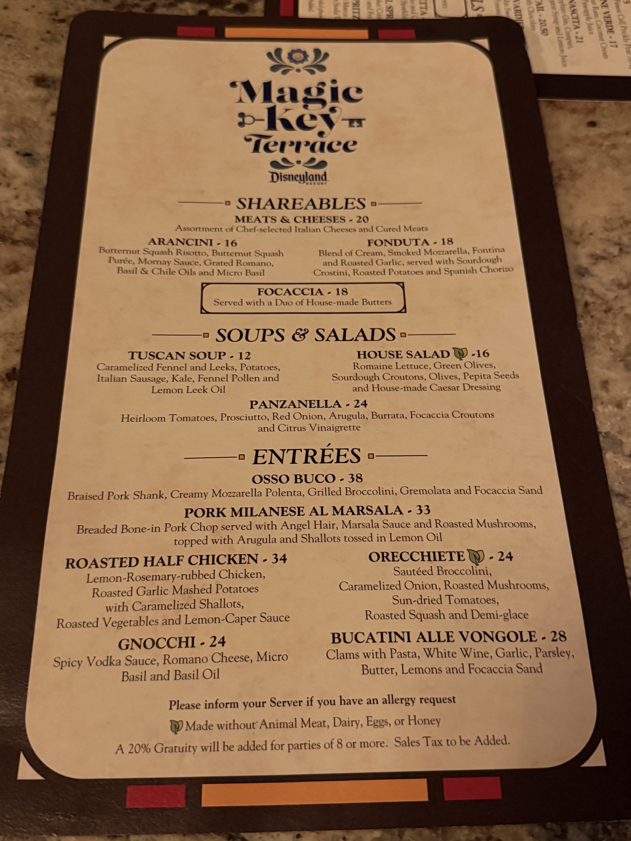 Magic Key Terrace menu