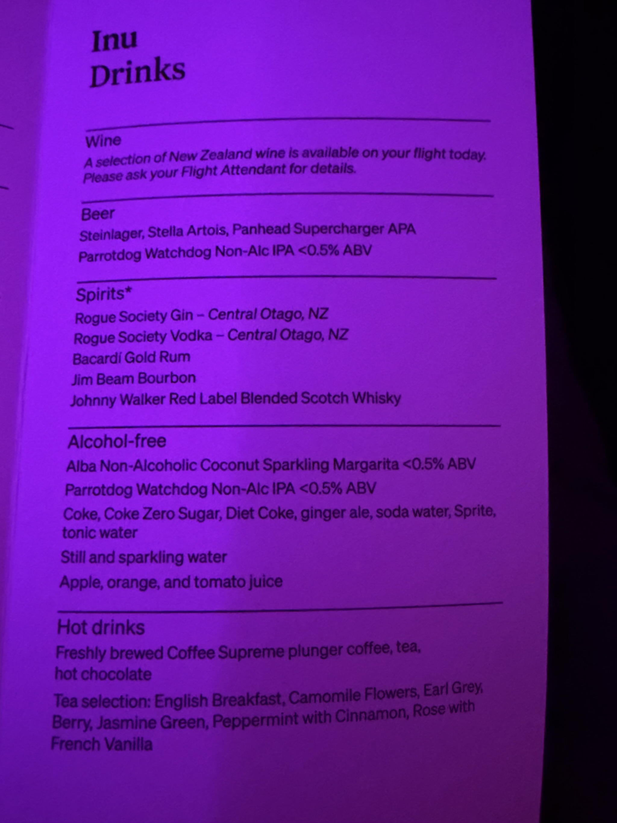 Drinks menu