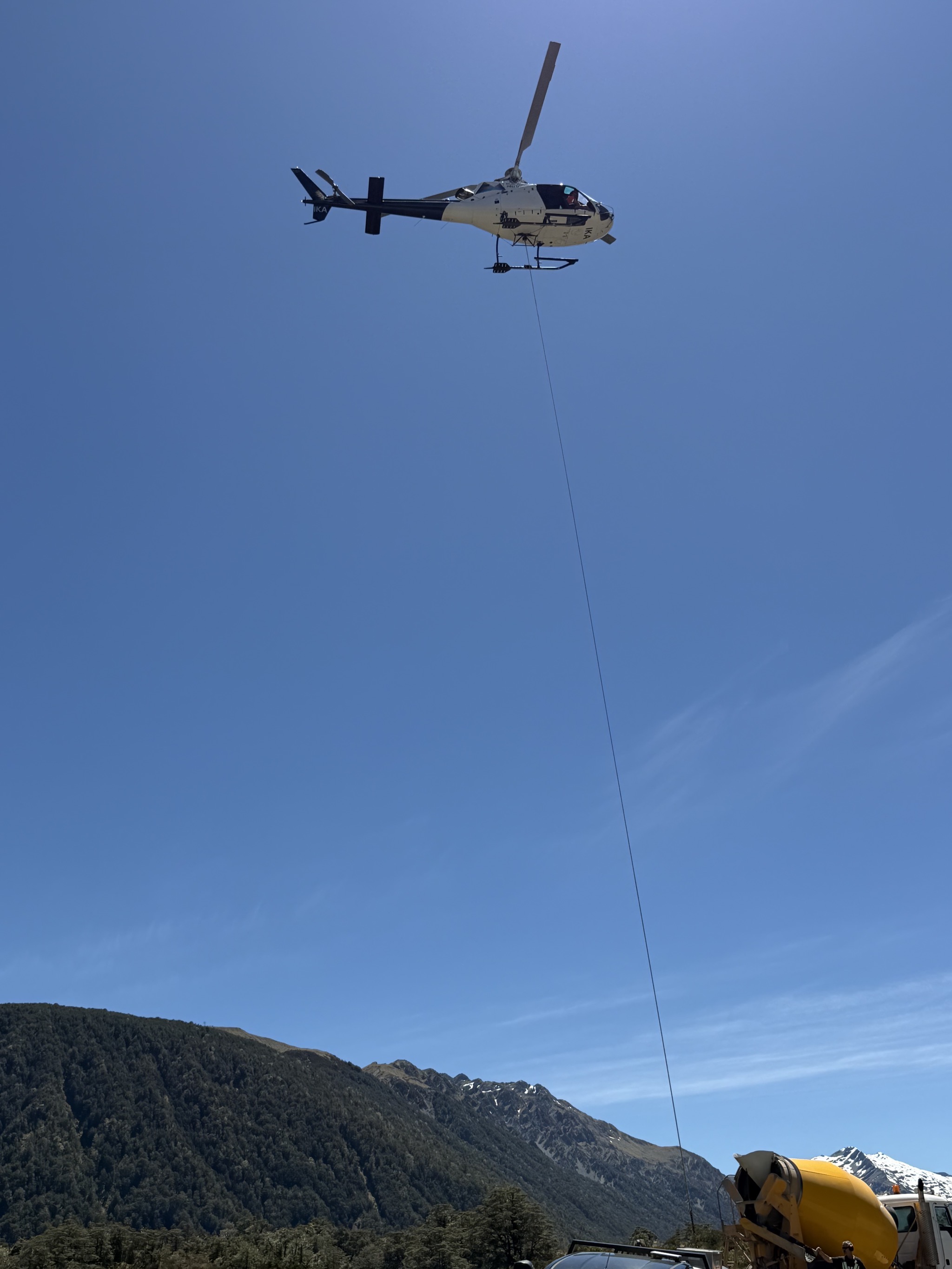 Helicopter and concrete mixer doing construction