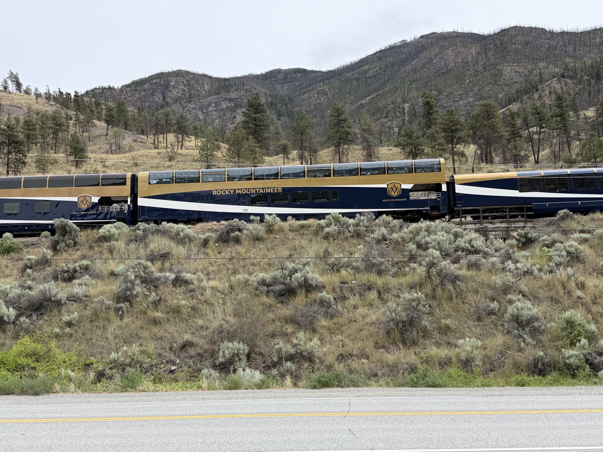 Rocky Mountaineer train at a rest stop