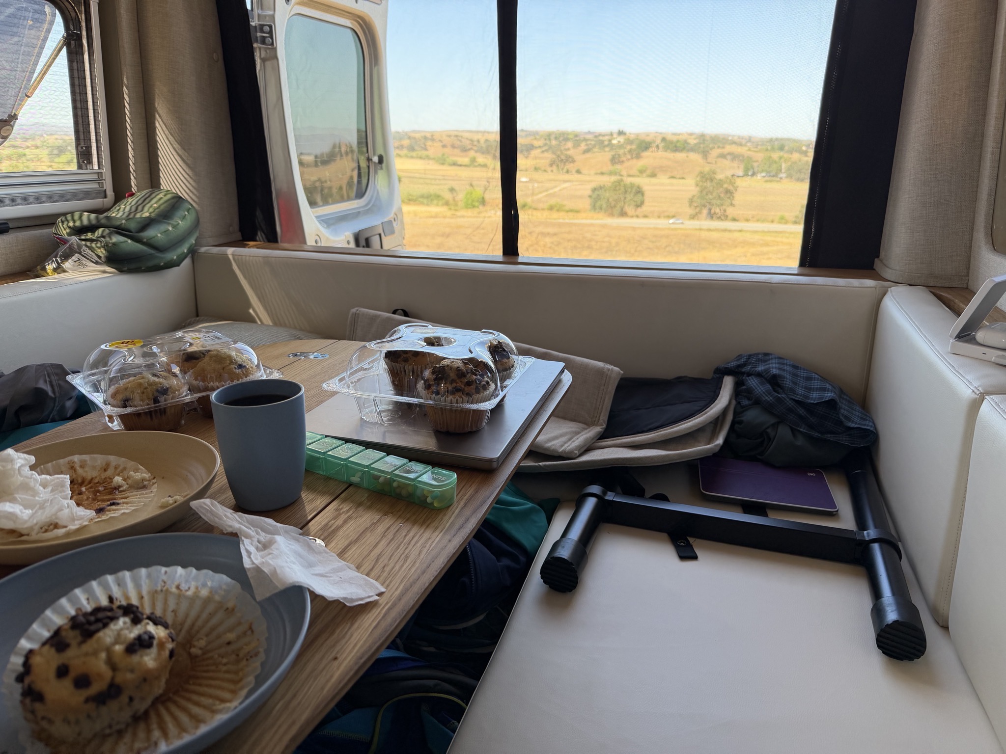 Back doors open, enjoying the view during breakfast