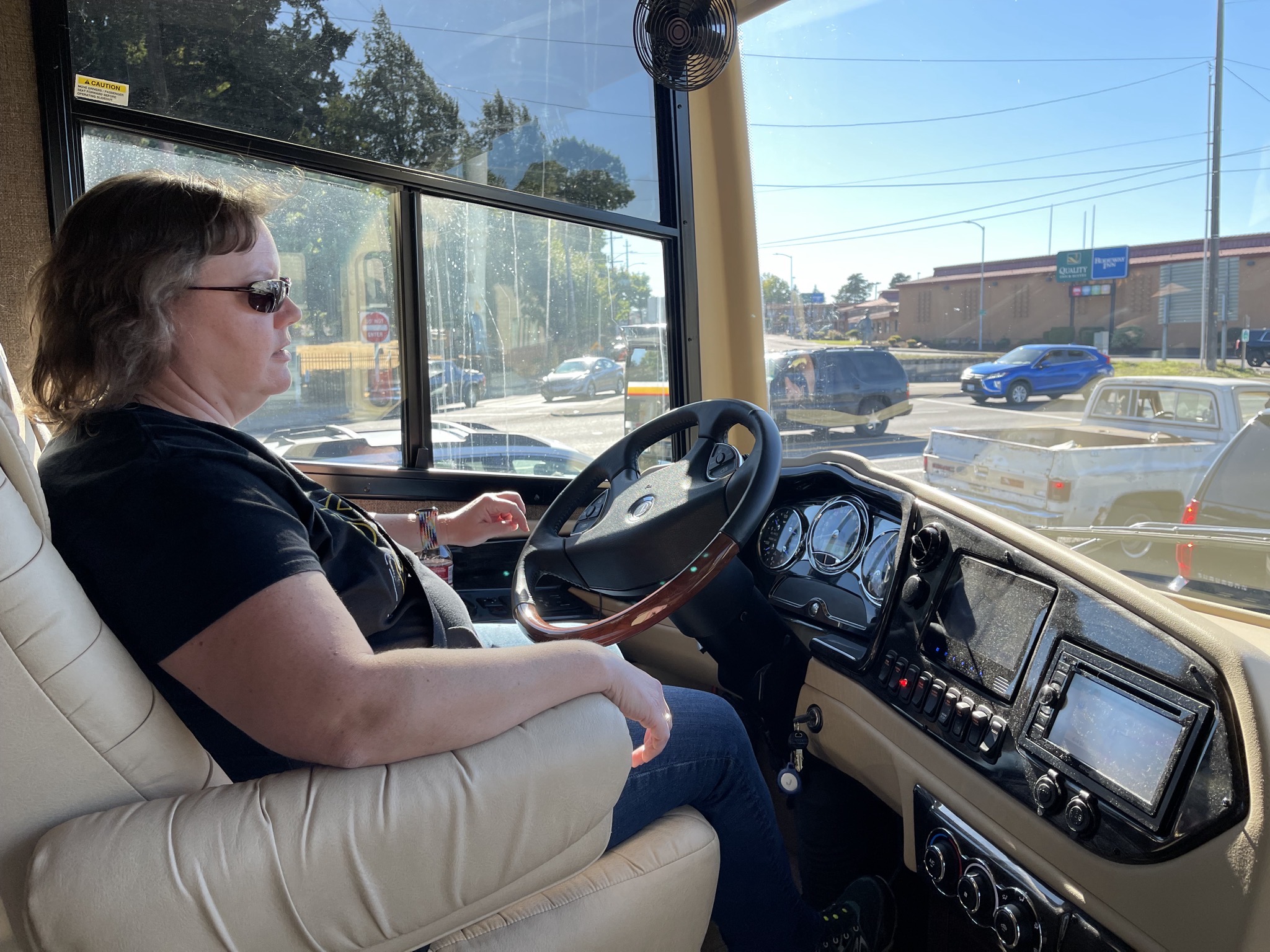 Jenn driving the coach
