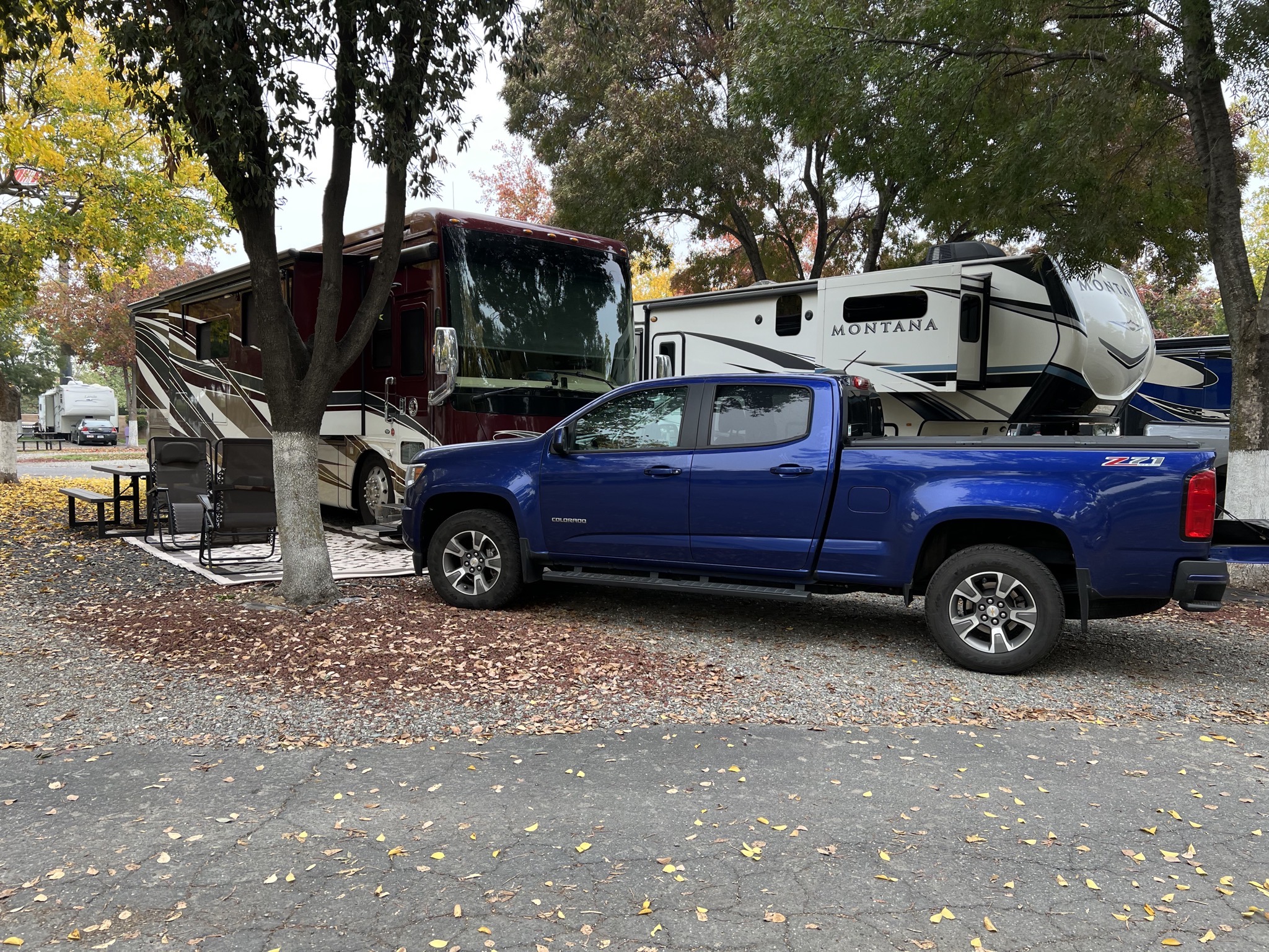 Coach and truck in campsite