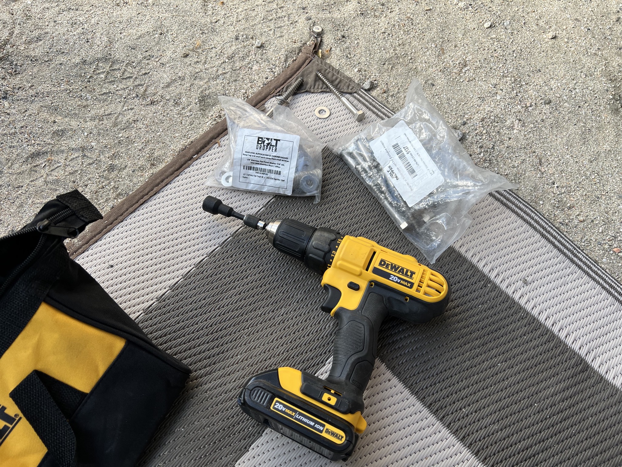 Drill driver, bolts, washers