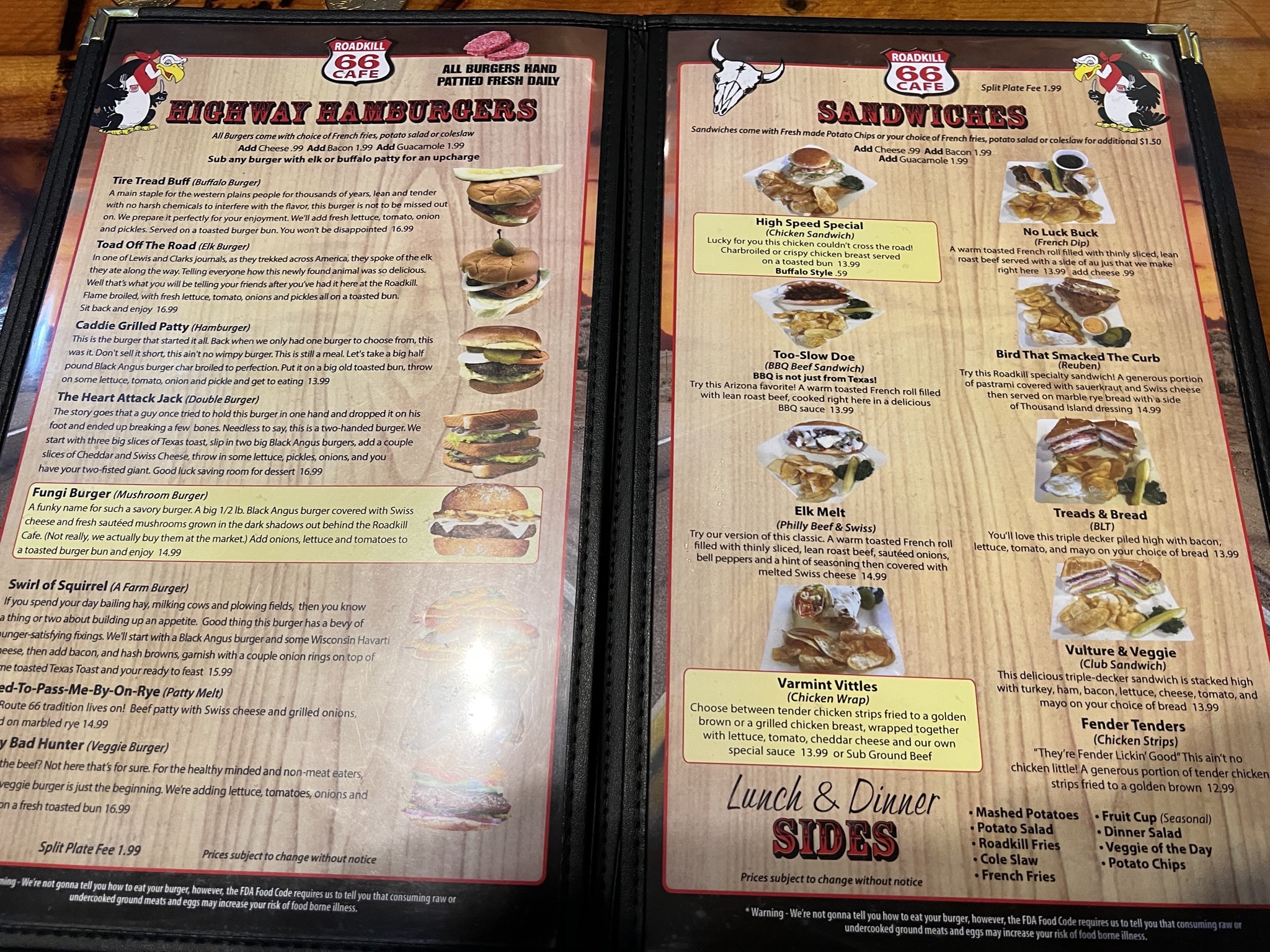 Roadkill Cafe menu