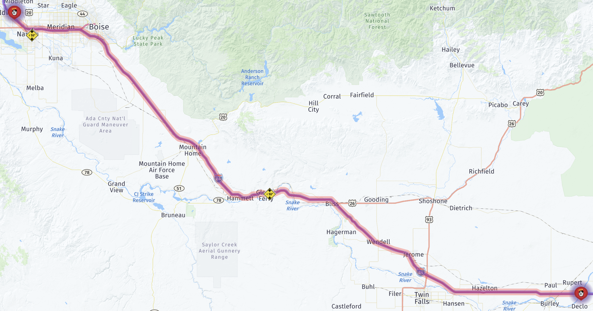 Map route to Caldwell