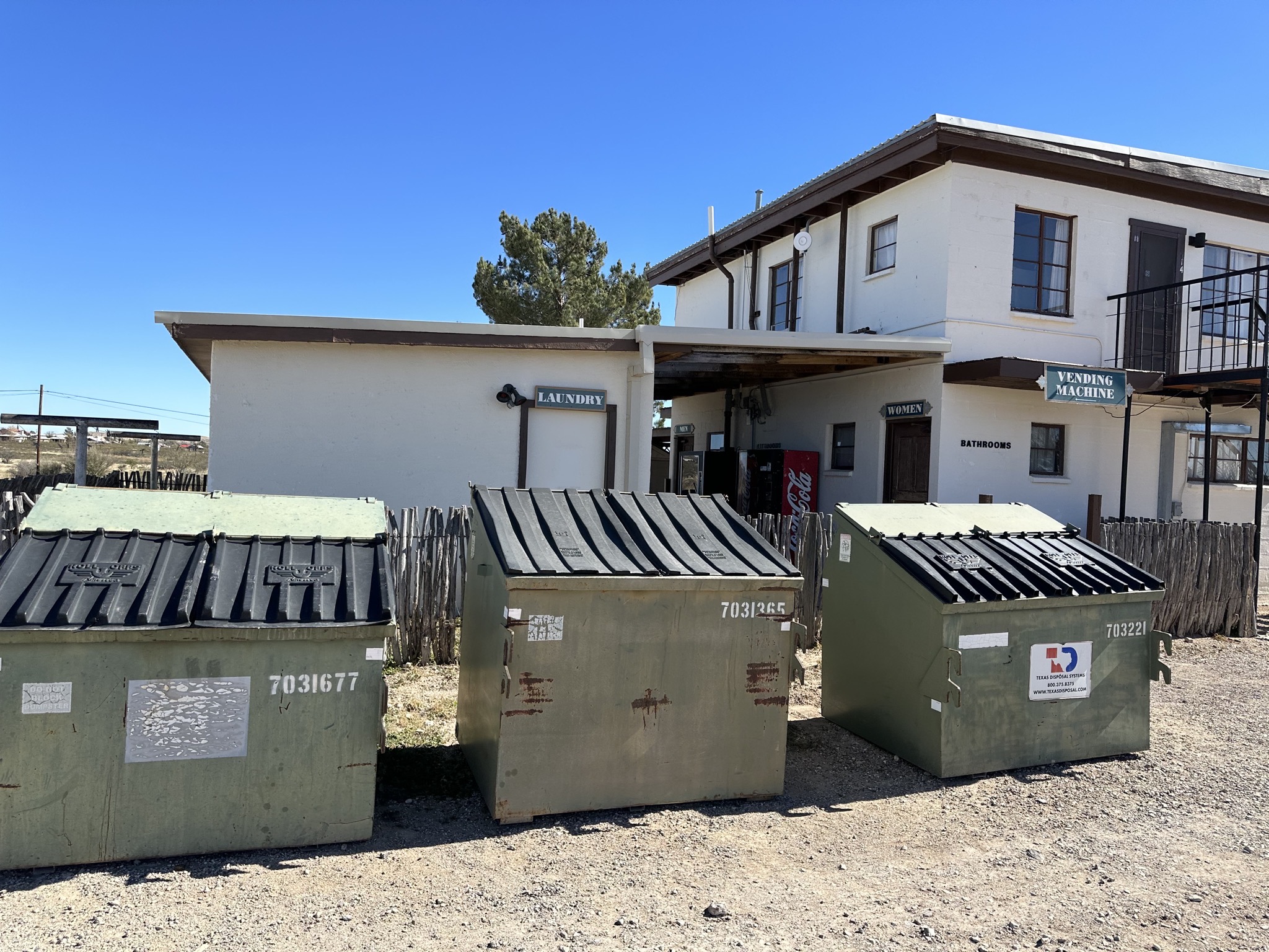 Dumpsters, laundry, bathrooms, motel rooms