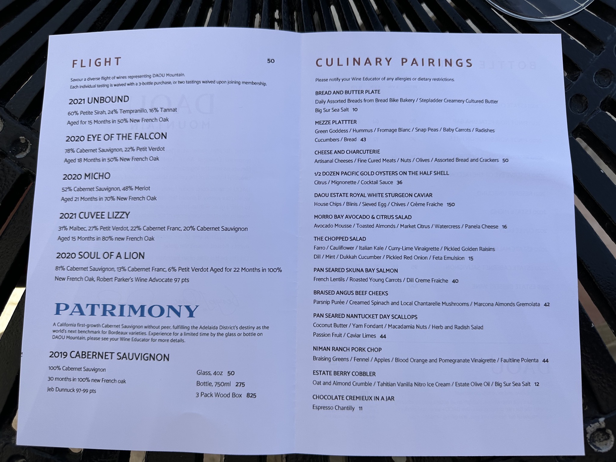 Flight and food menu