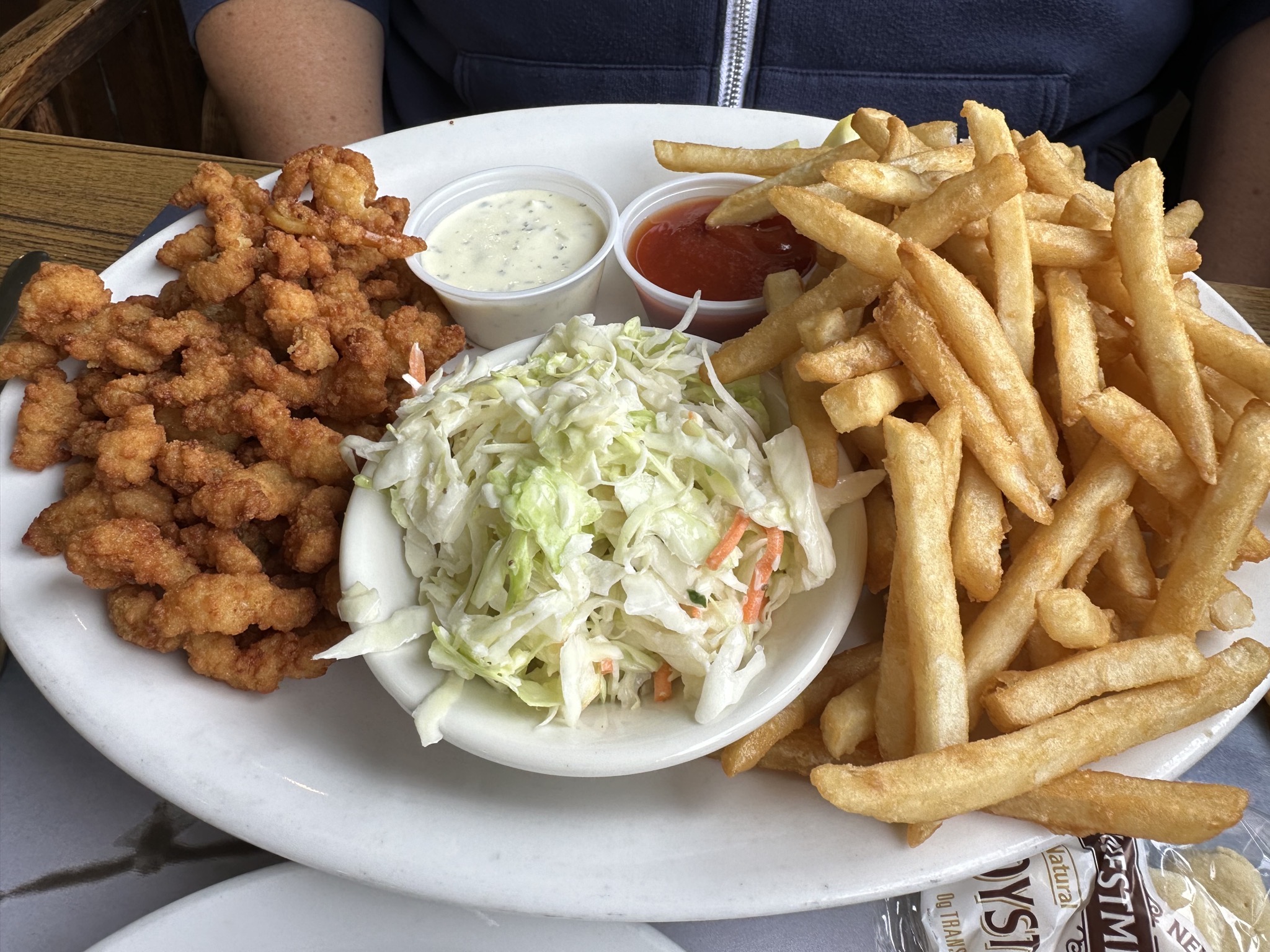 Jenn's clam strips, coleslaw, fries
