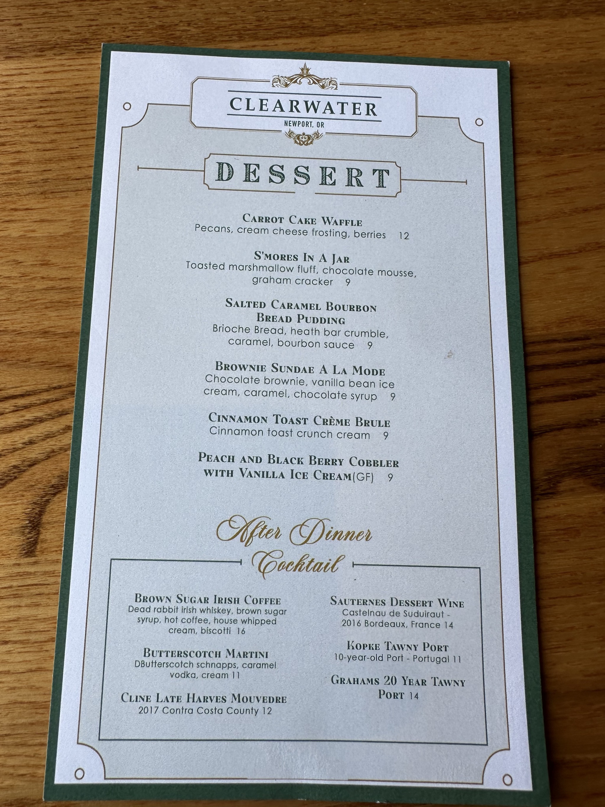 Dessert menu