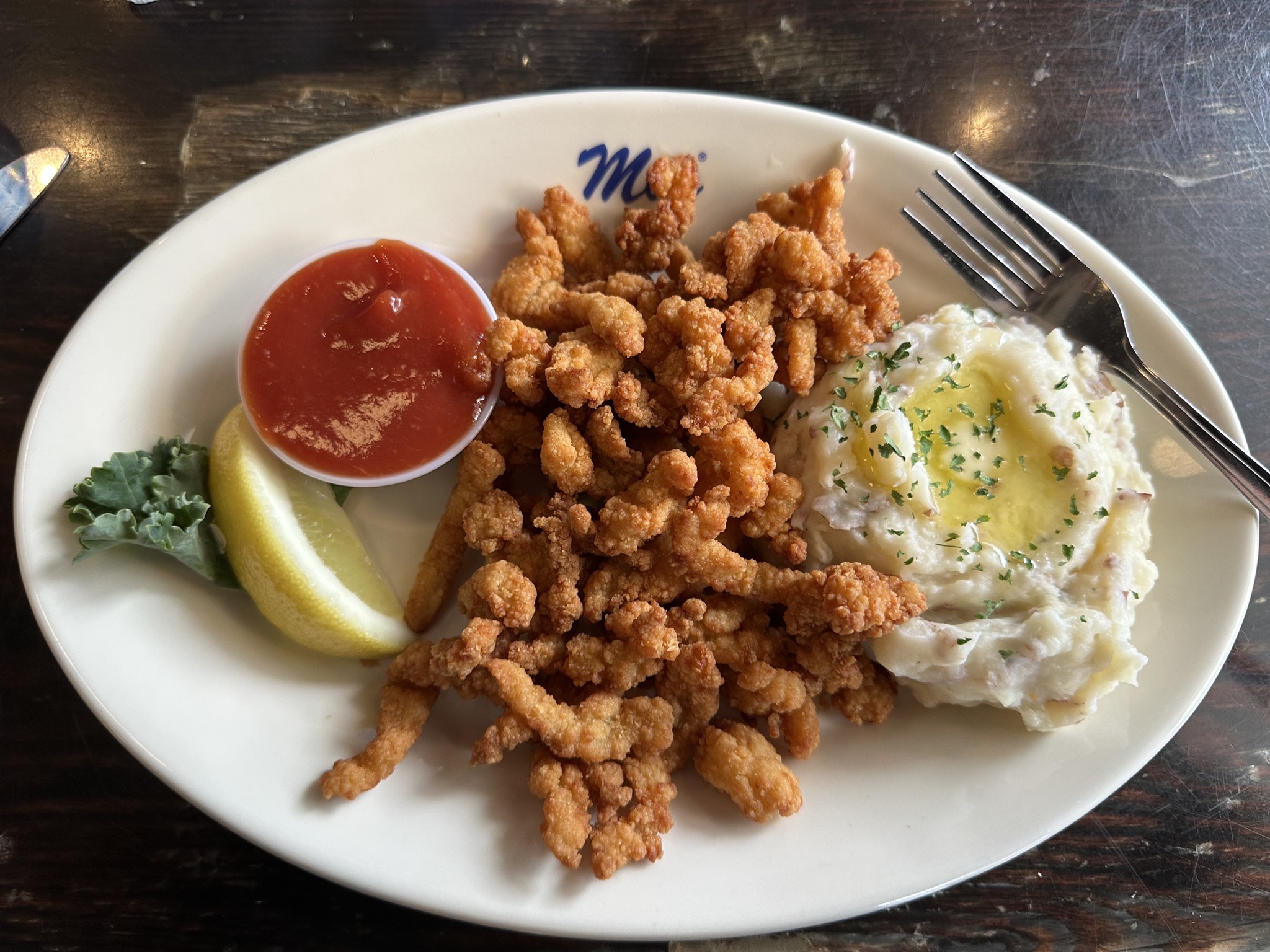 My clam strips and mashed spuds