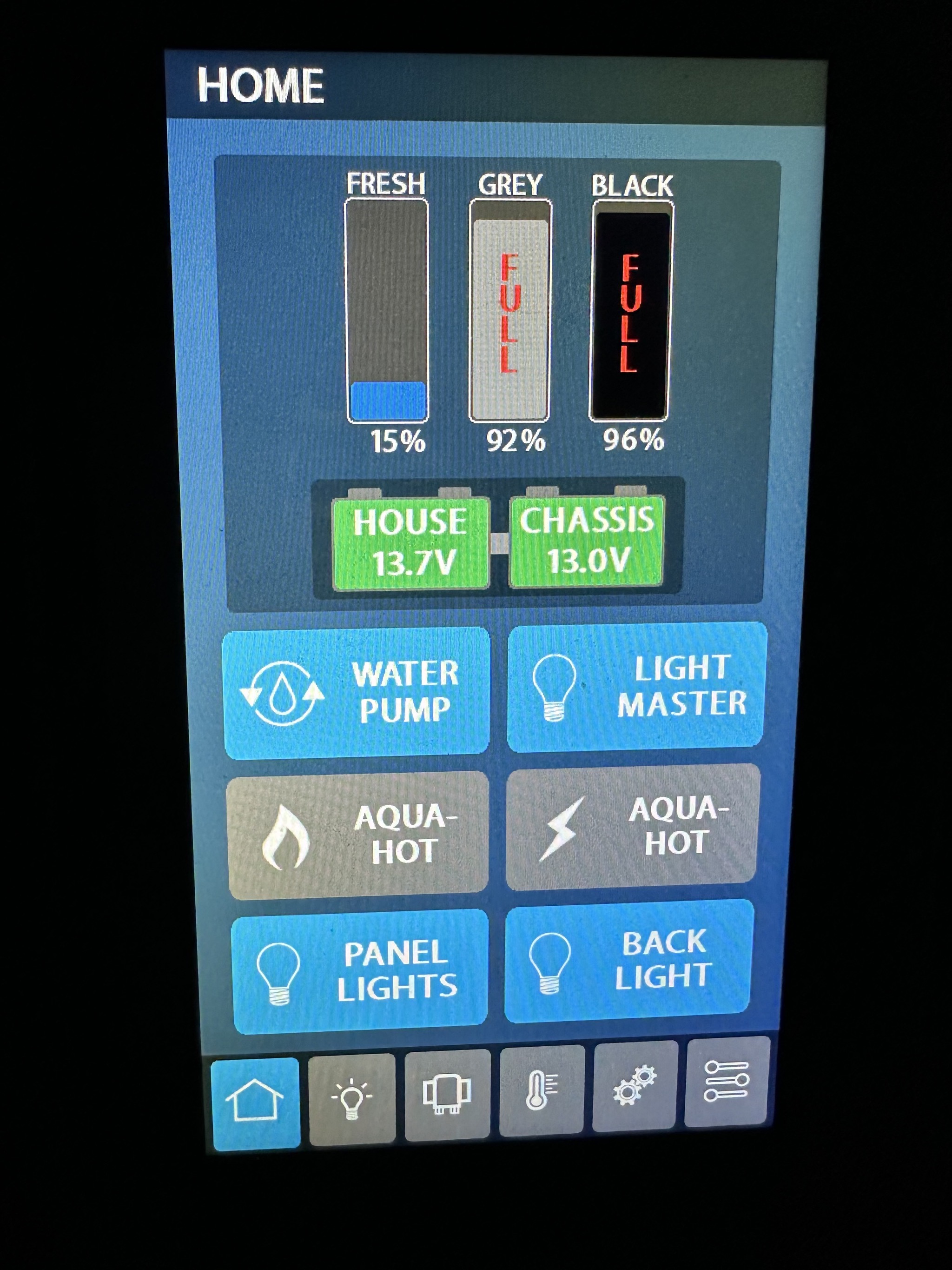 Control panel with full grey and black tanks