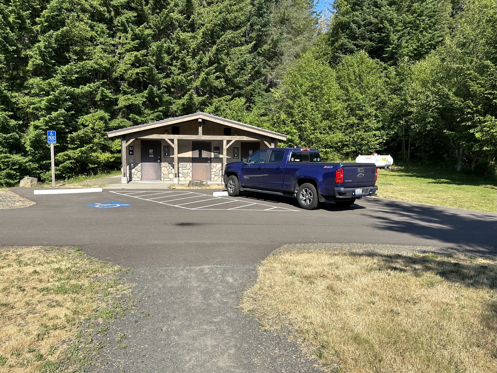 Parked truck by bathroom