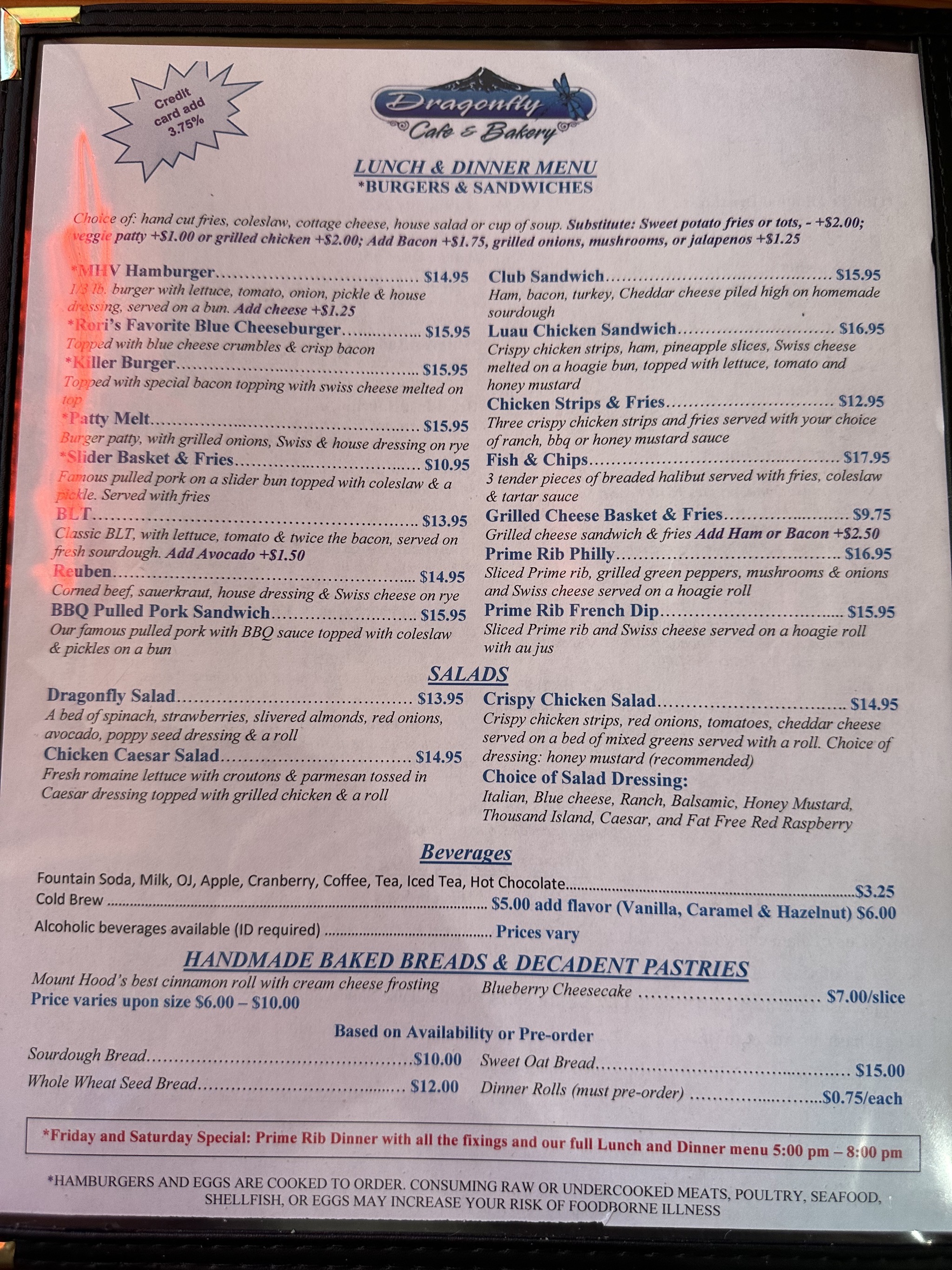Dragonfly Cafe menu