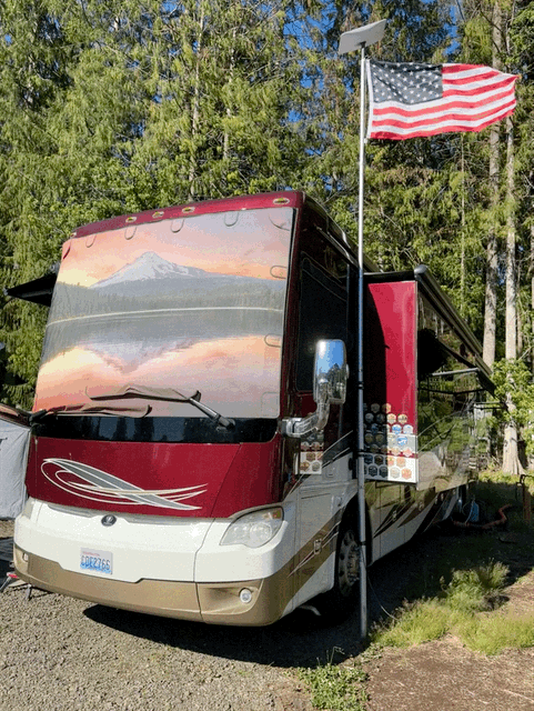 Flagpole with Starlink dish and US flag