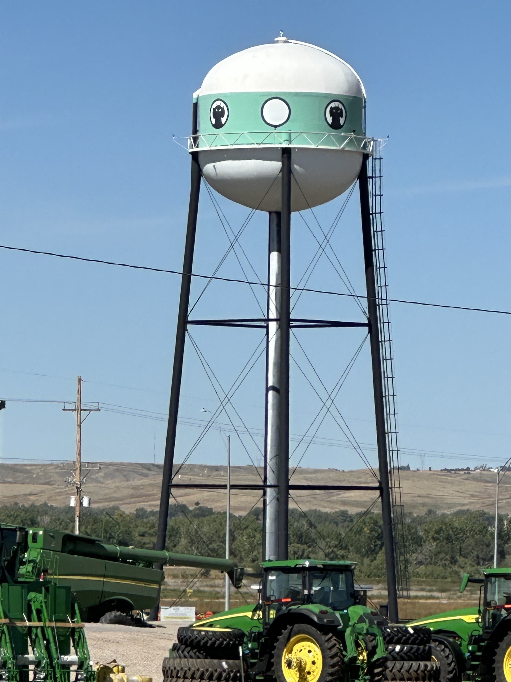 Spaceship water tower across highway from campground