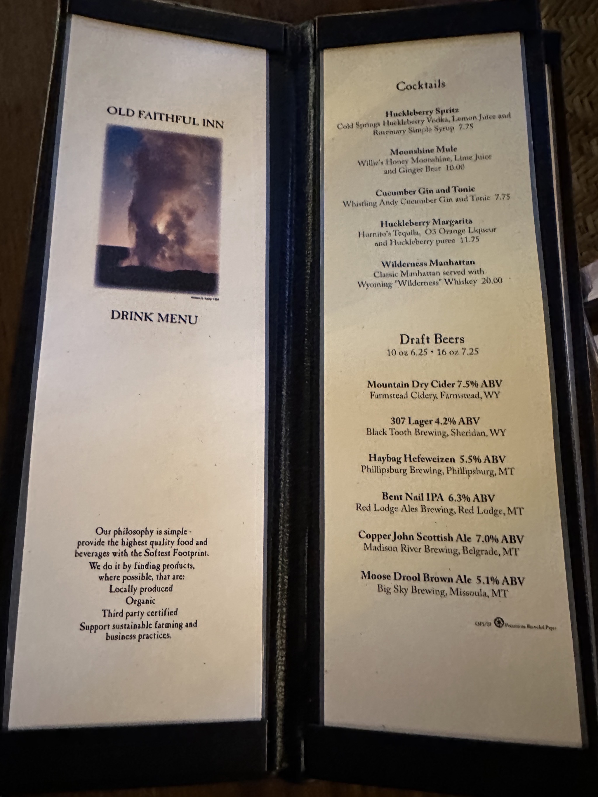 Beverage menu