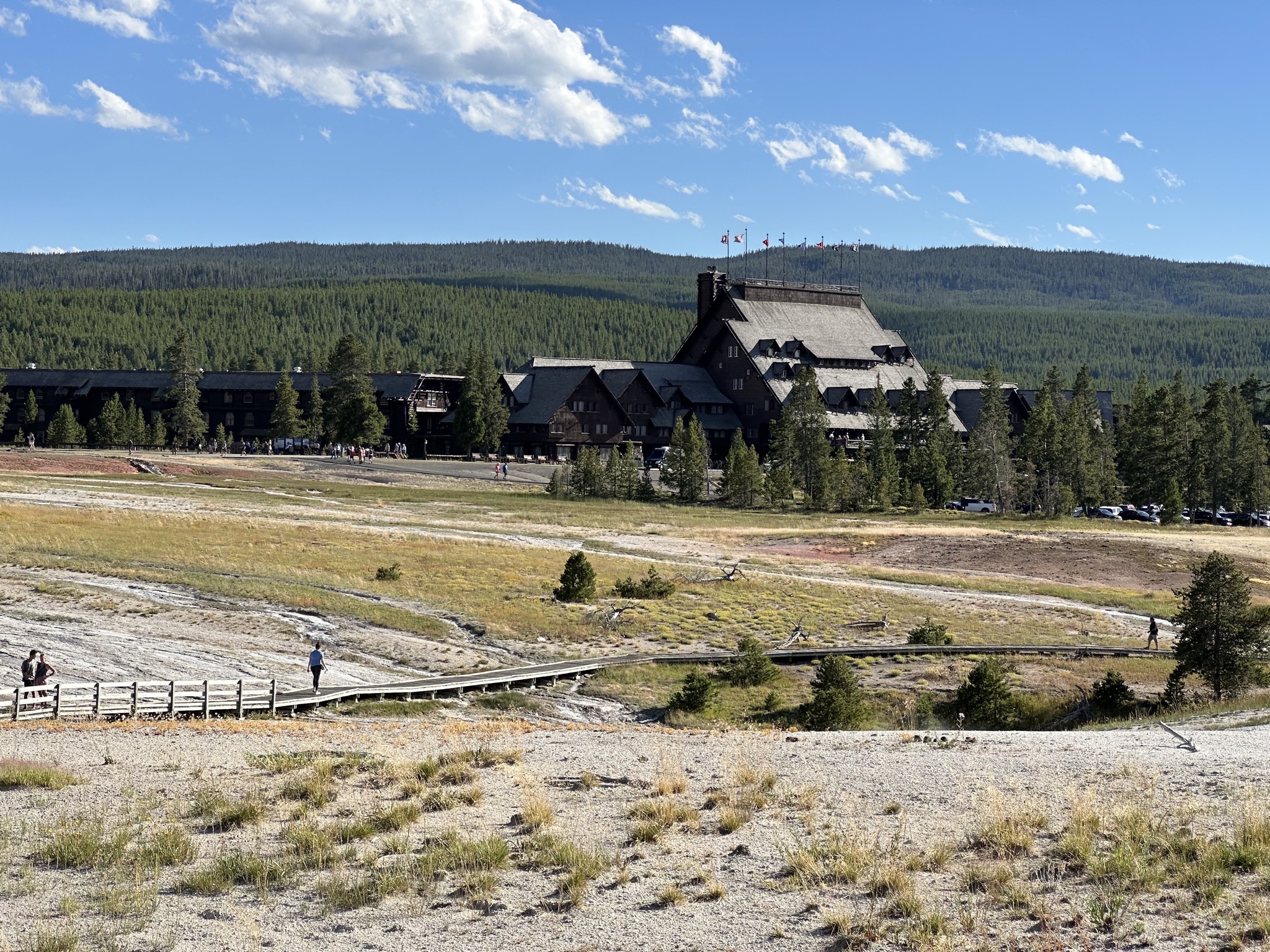 Old Faithful geyser basin, looking back at the inn