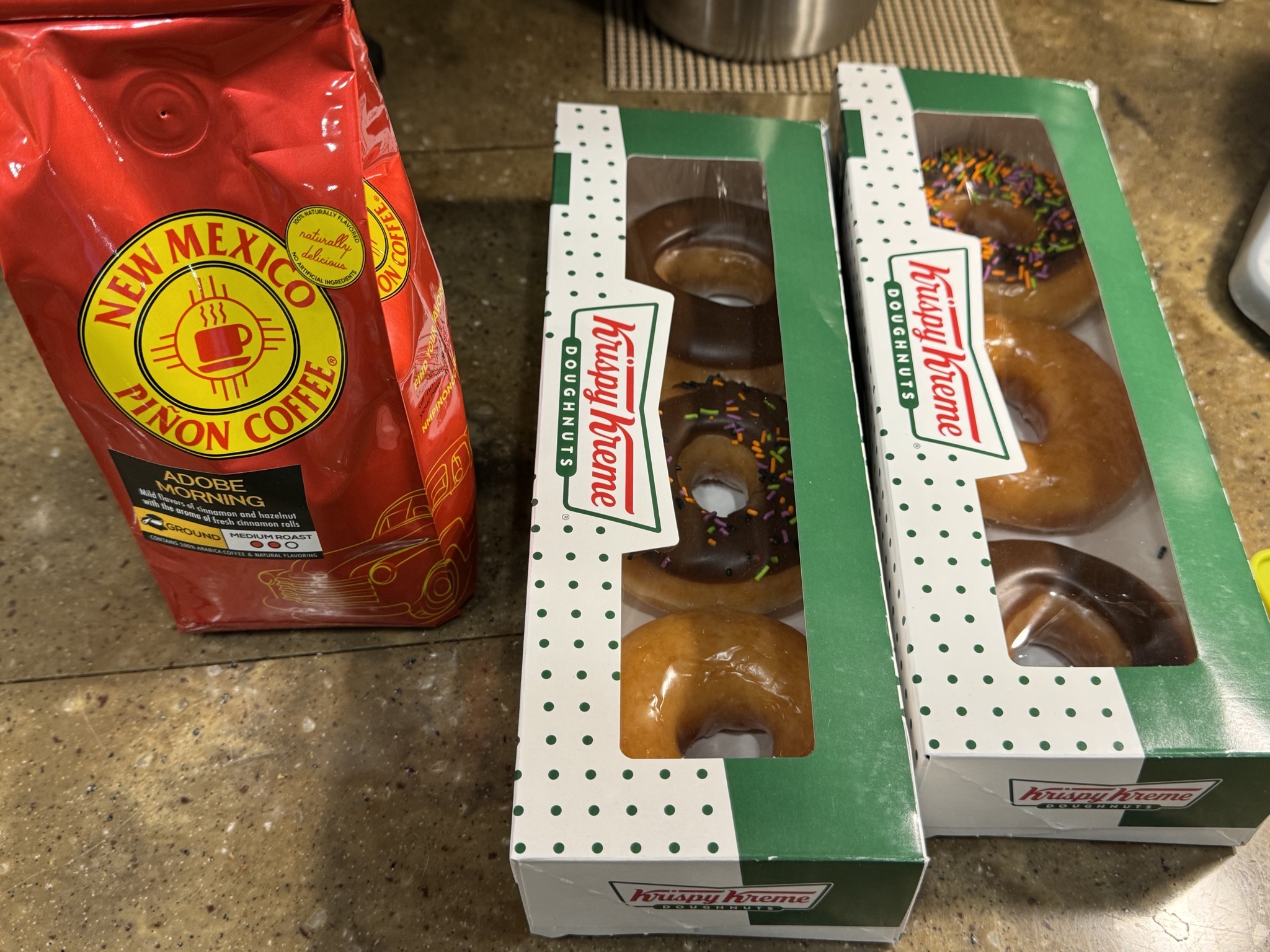 Pinon Coffee and Krispy Kreme donuts