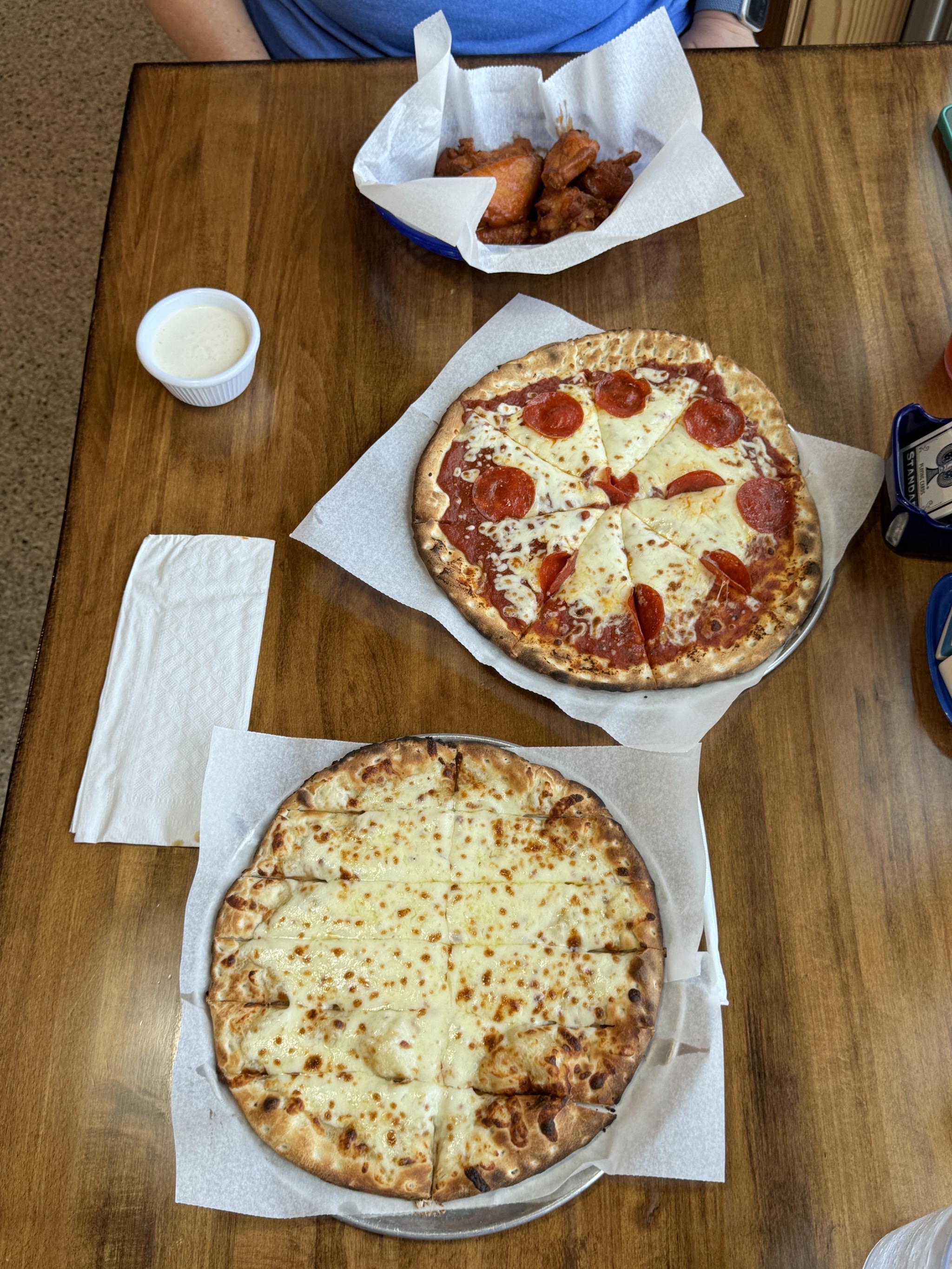 Chicken wings, pizza, cheesesticks