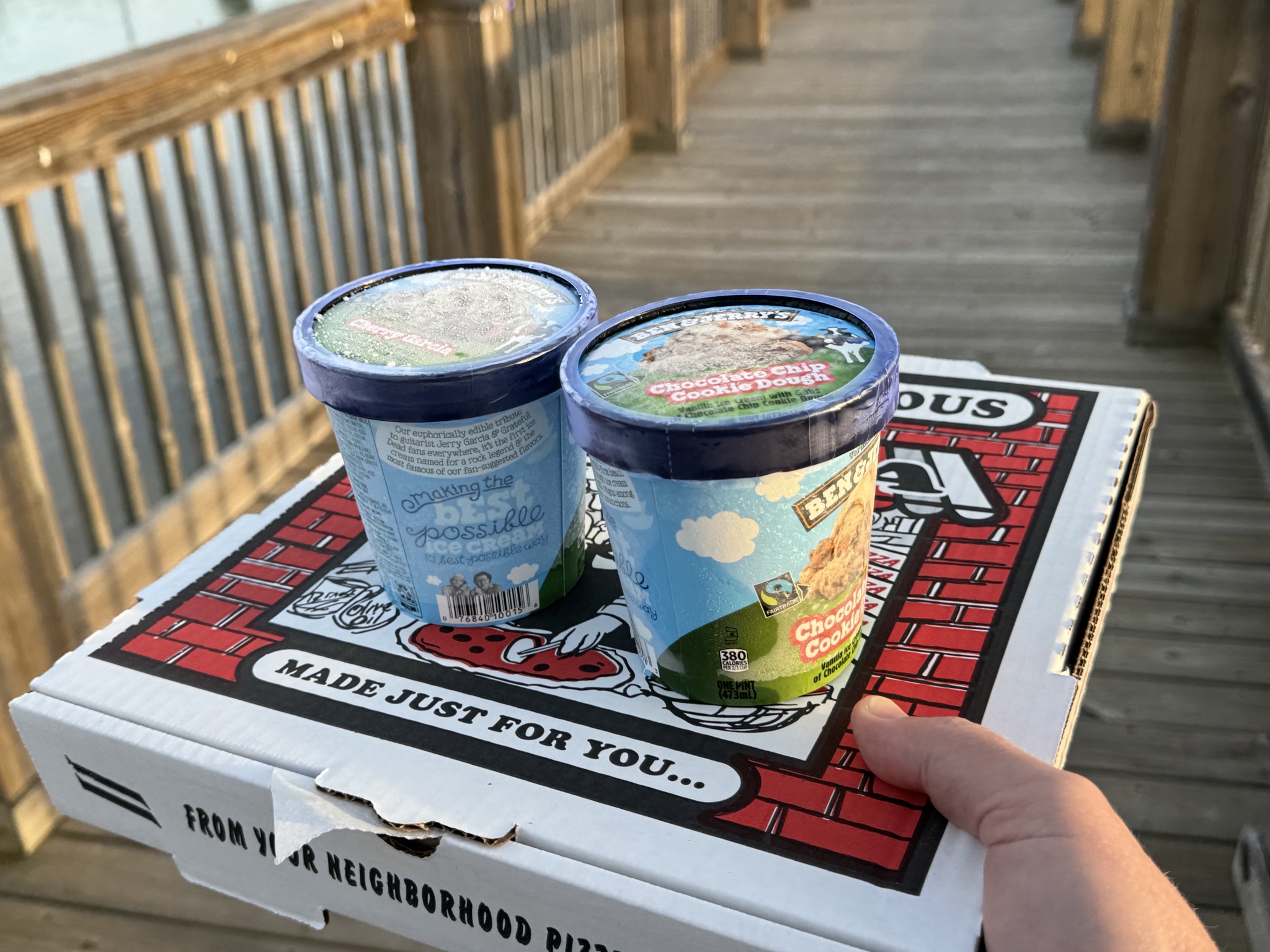 Pizza leftovers and ice cream