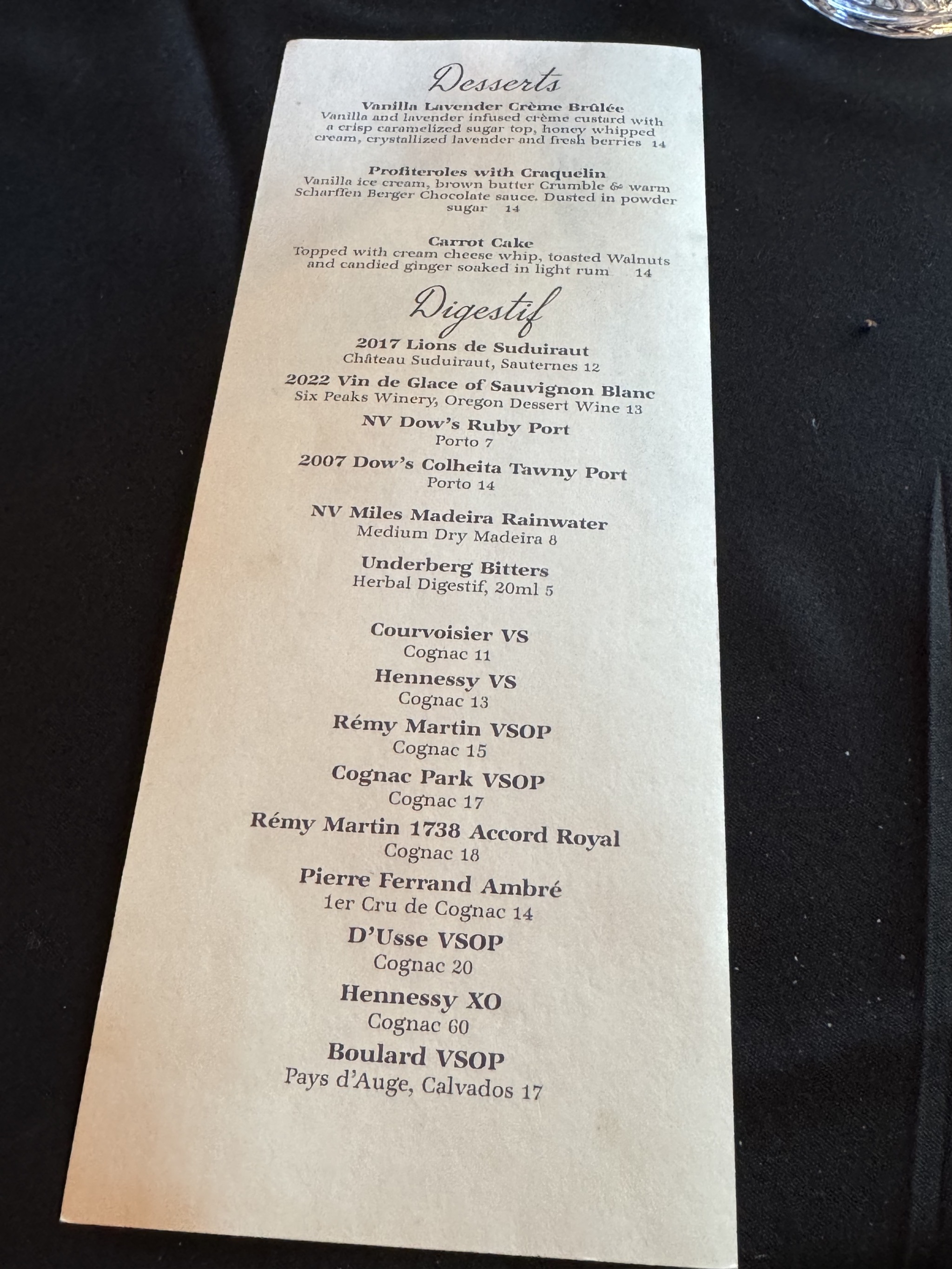Dessert menu