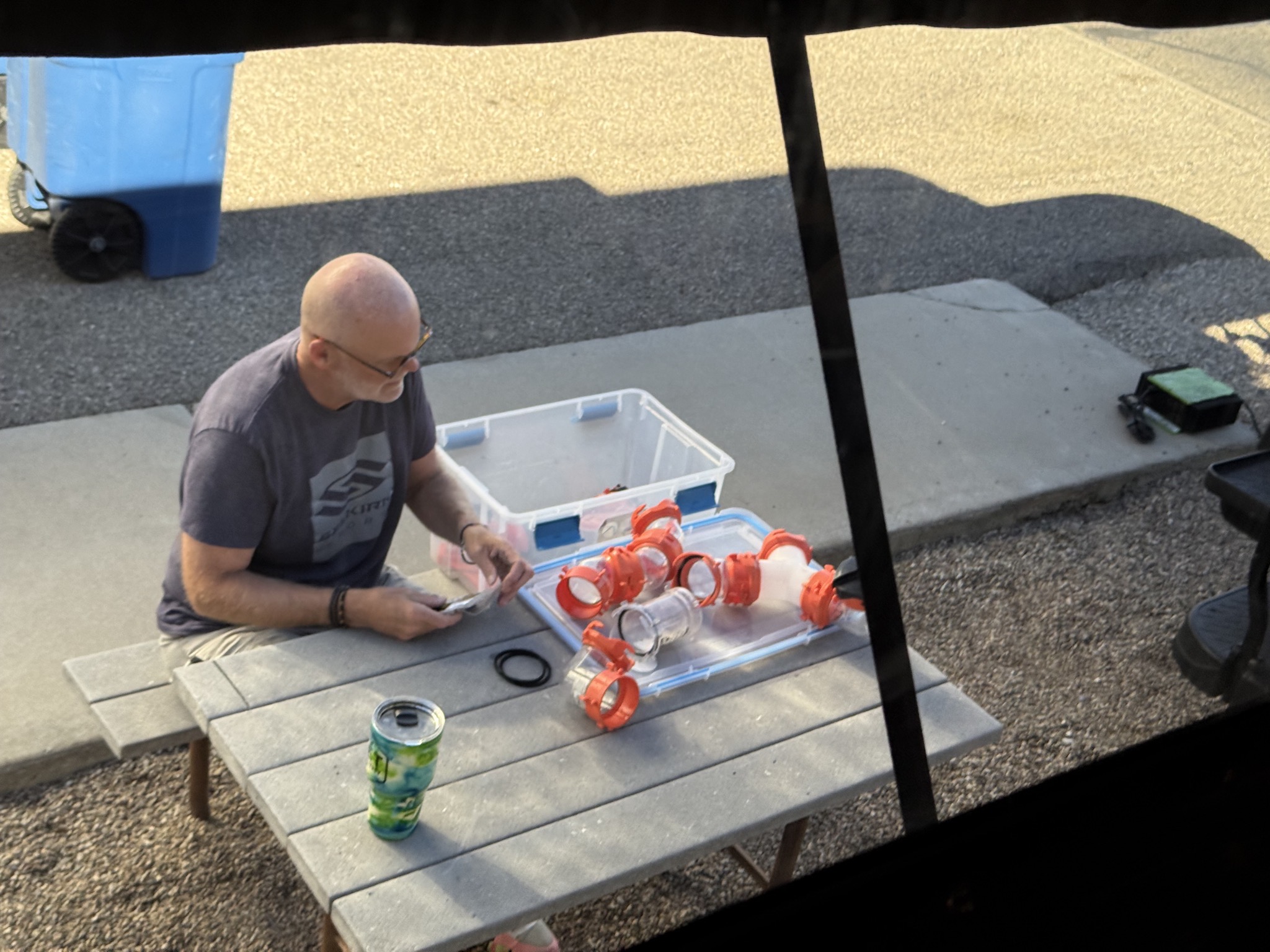 Sewer pipes on picnic table