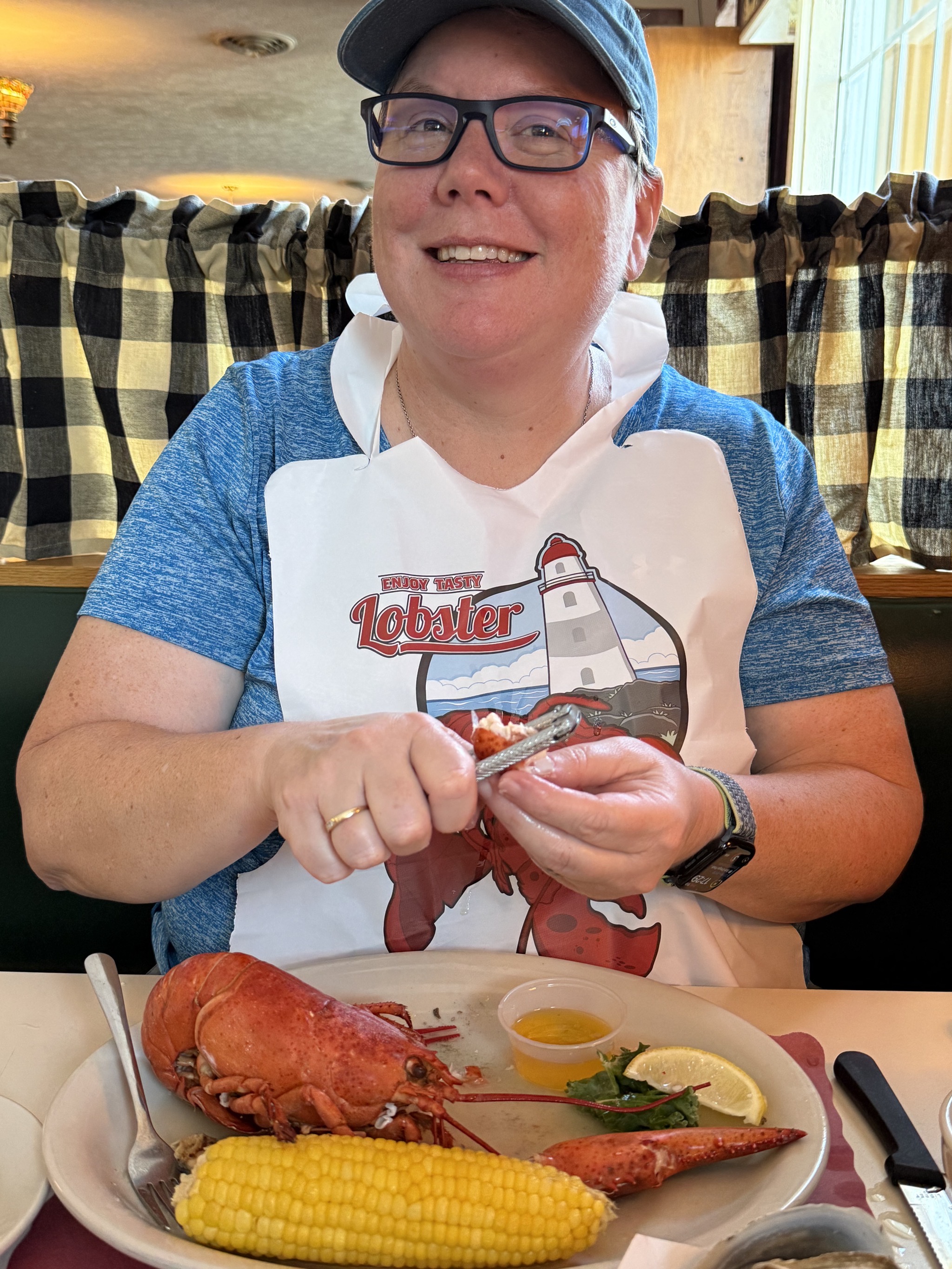 Jenn with her lobster dinner