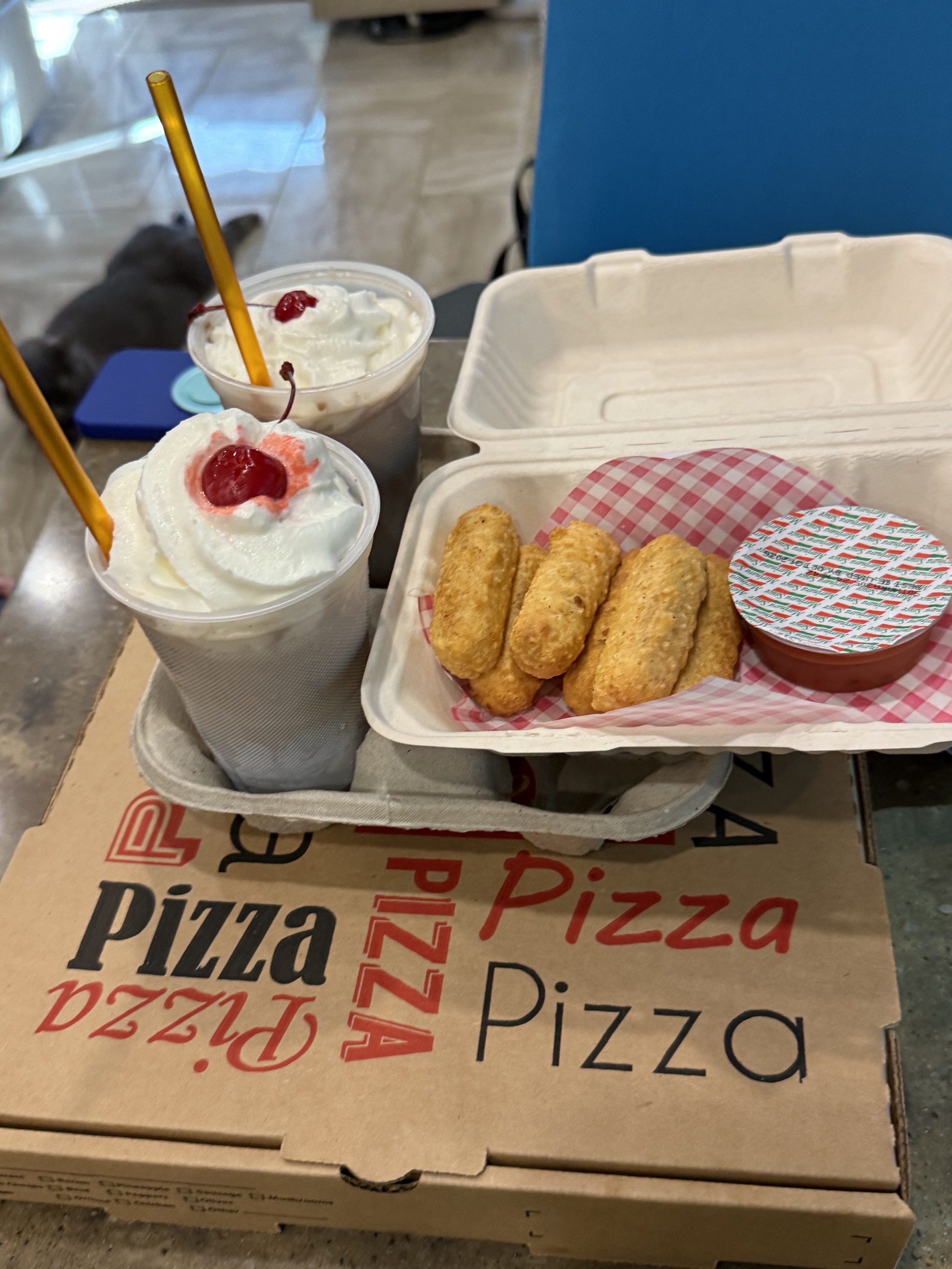 Pizza, mozzarella sticks, shakes