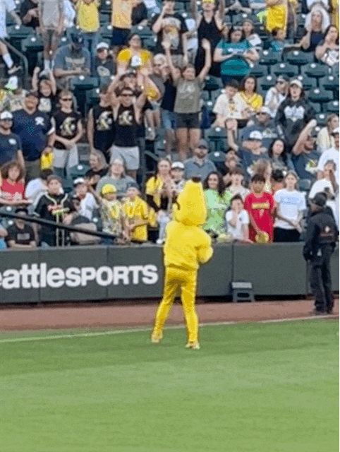Mascot Split tossing football with crowd