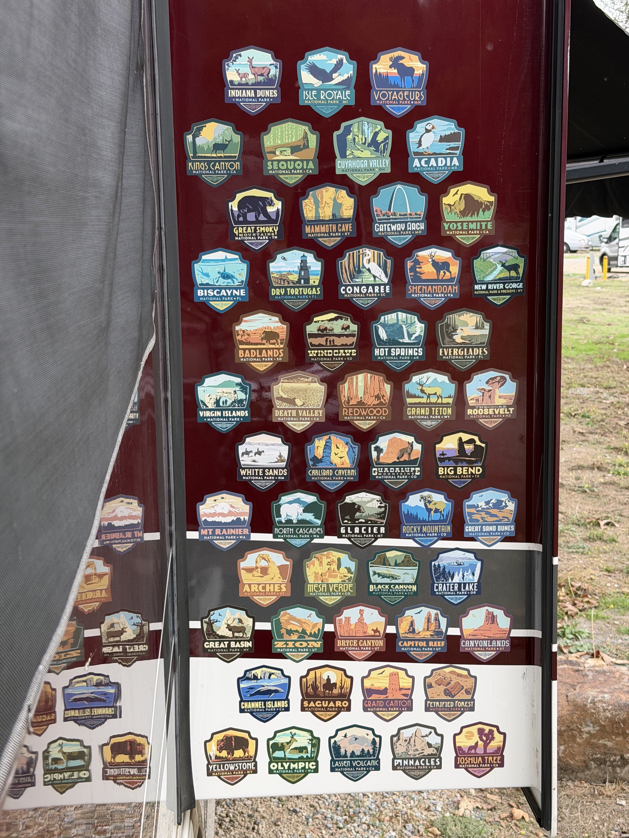 National Park stickers on slide of motorhome