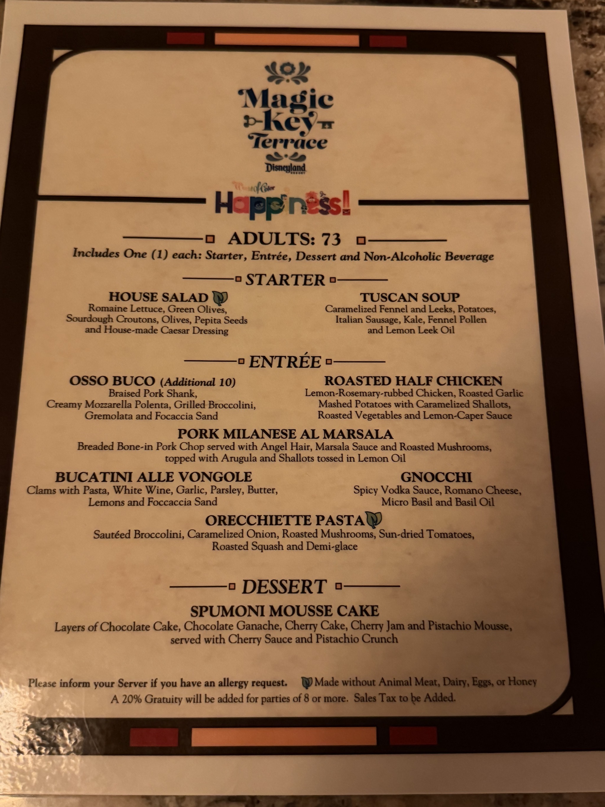 Magic Key Terrace menu
