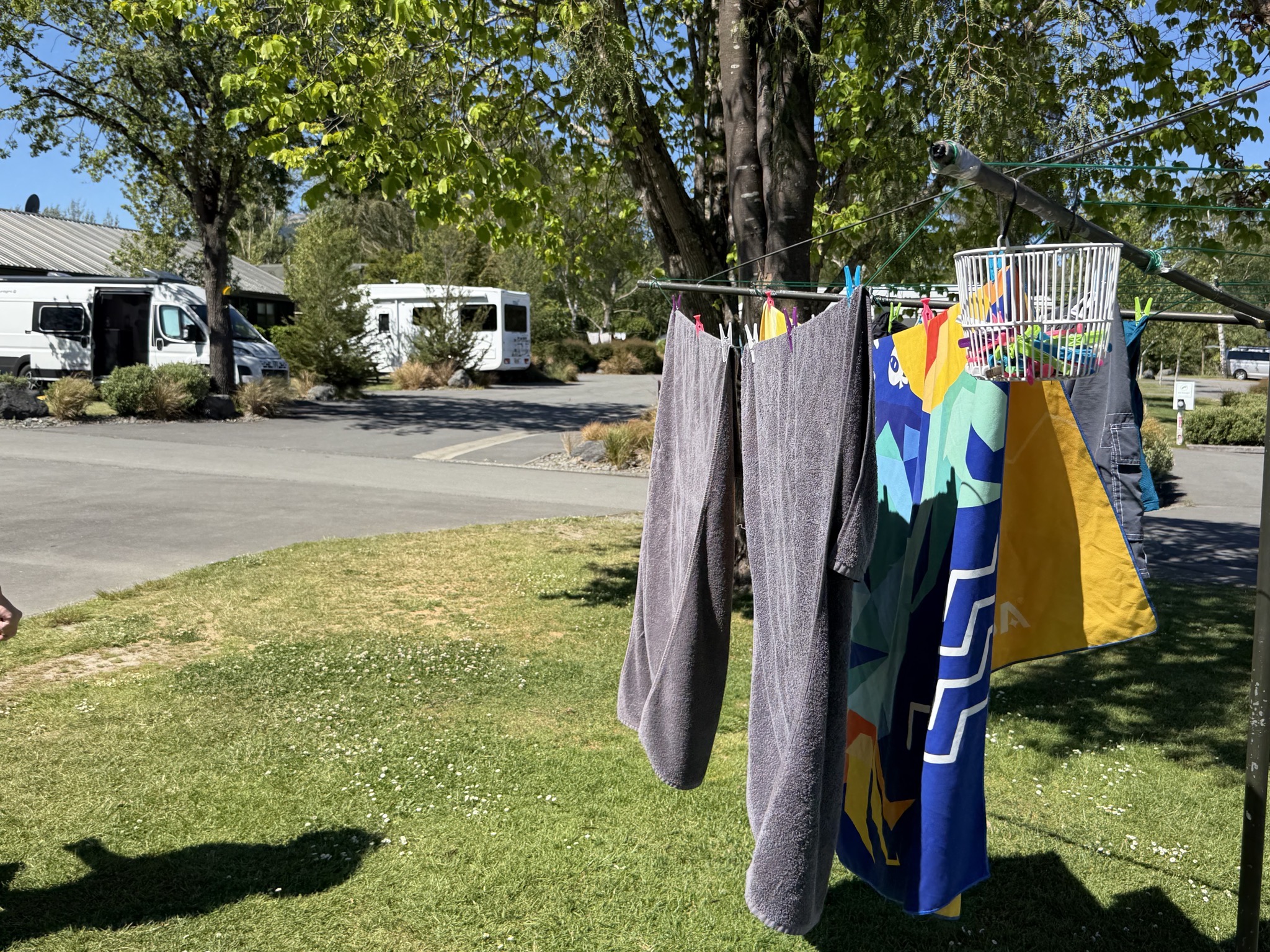 Hanging our towels on the clothesline