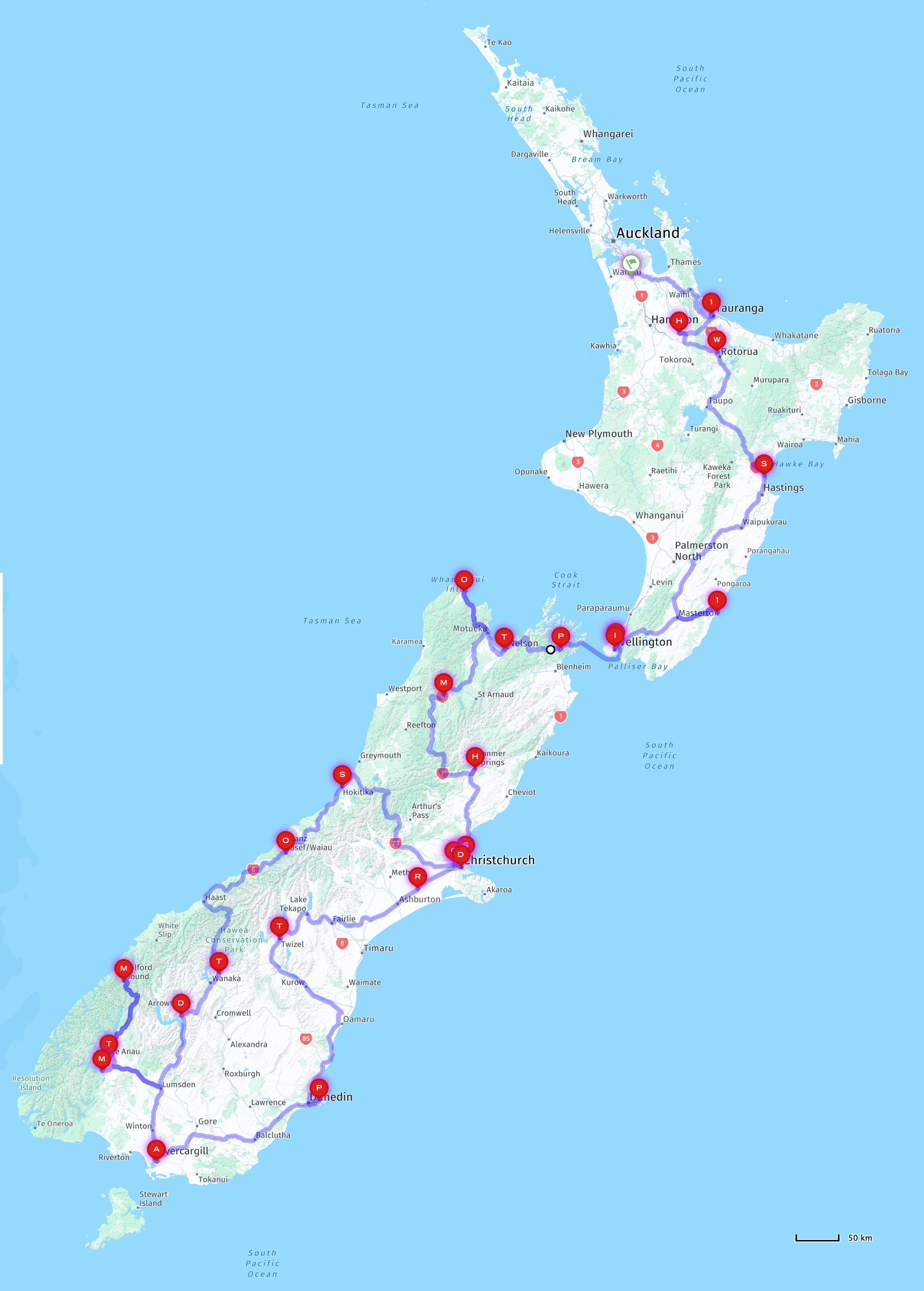 NZ map showing our travel route