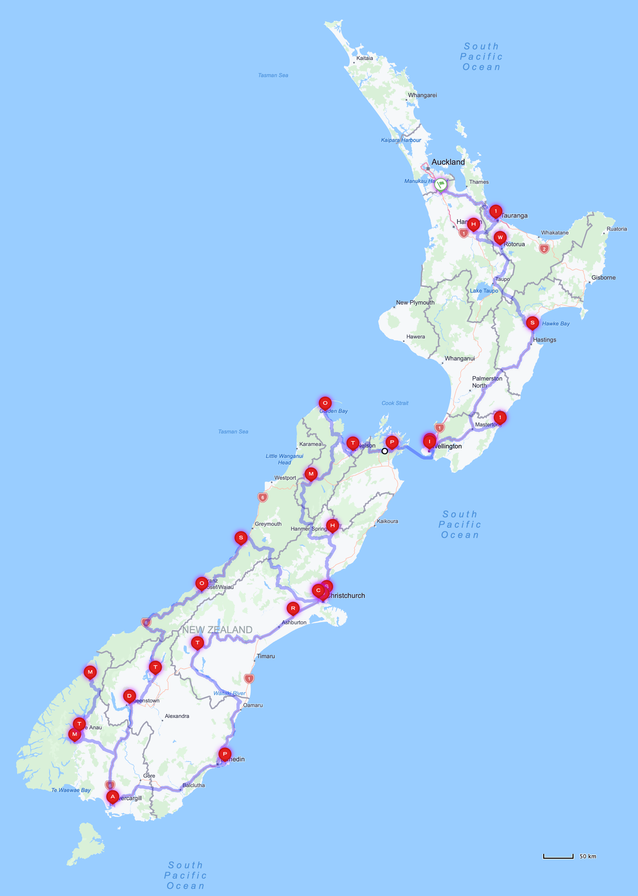 NZ map showing our travel route