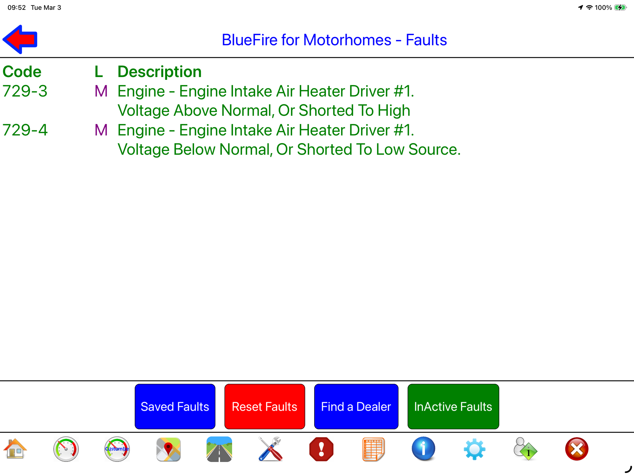 BlueFire faults page