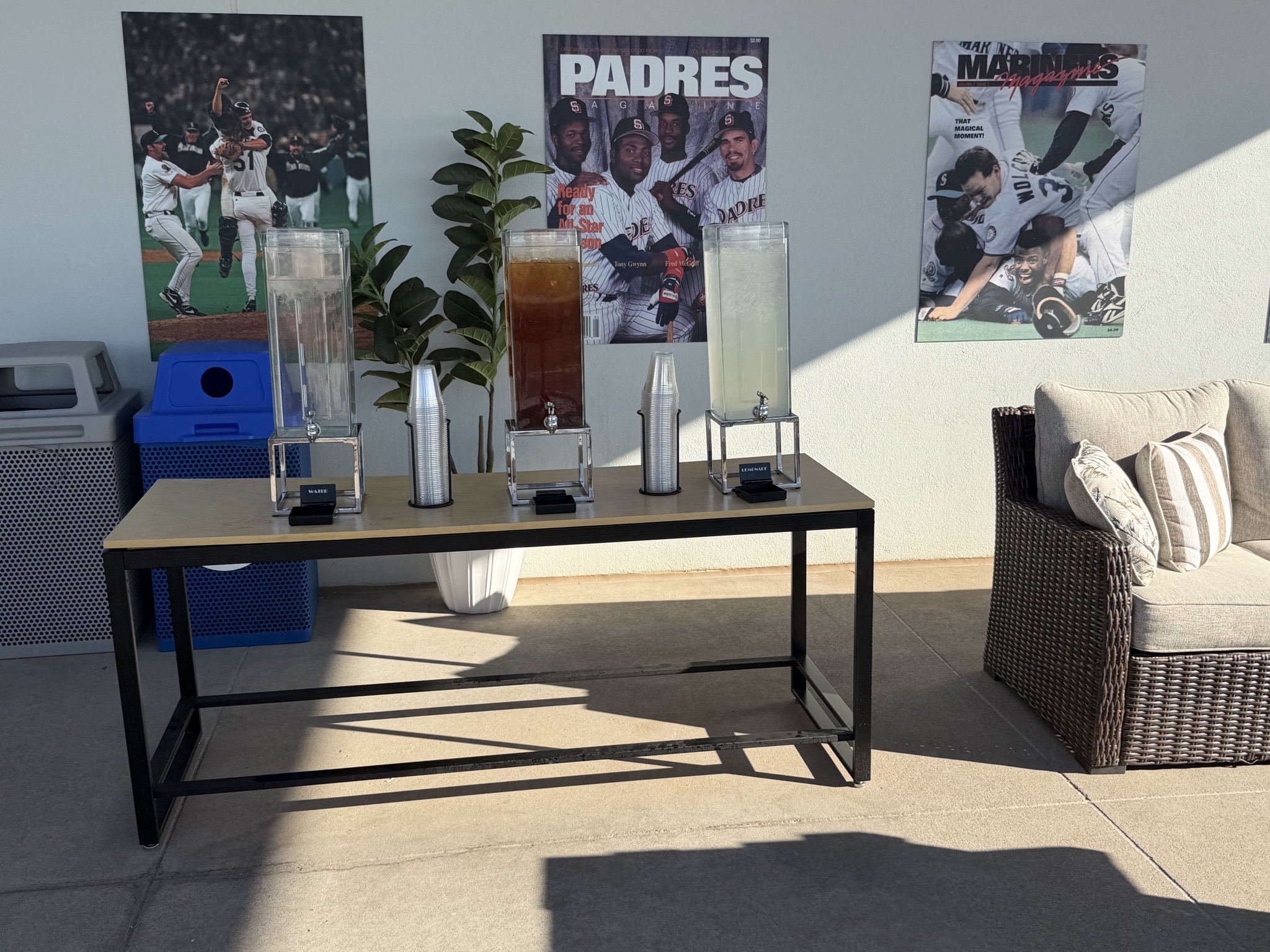 Club area with free beverages and popcorn